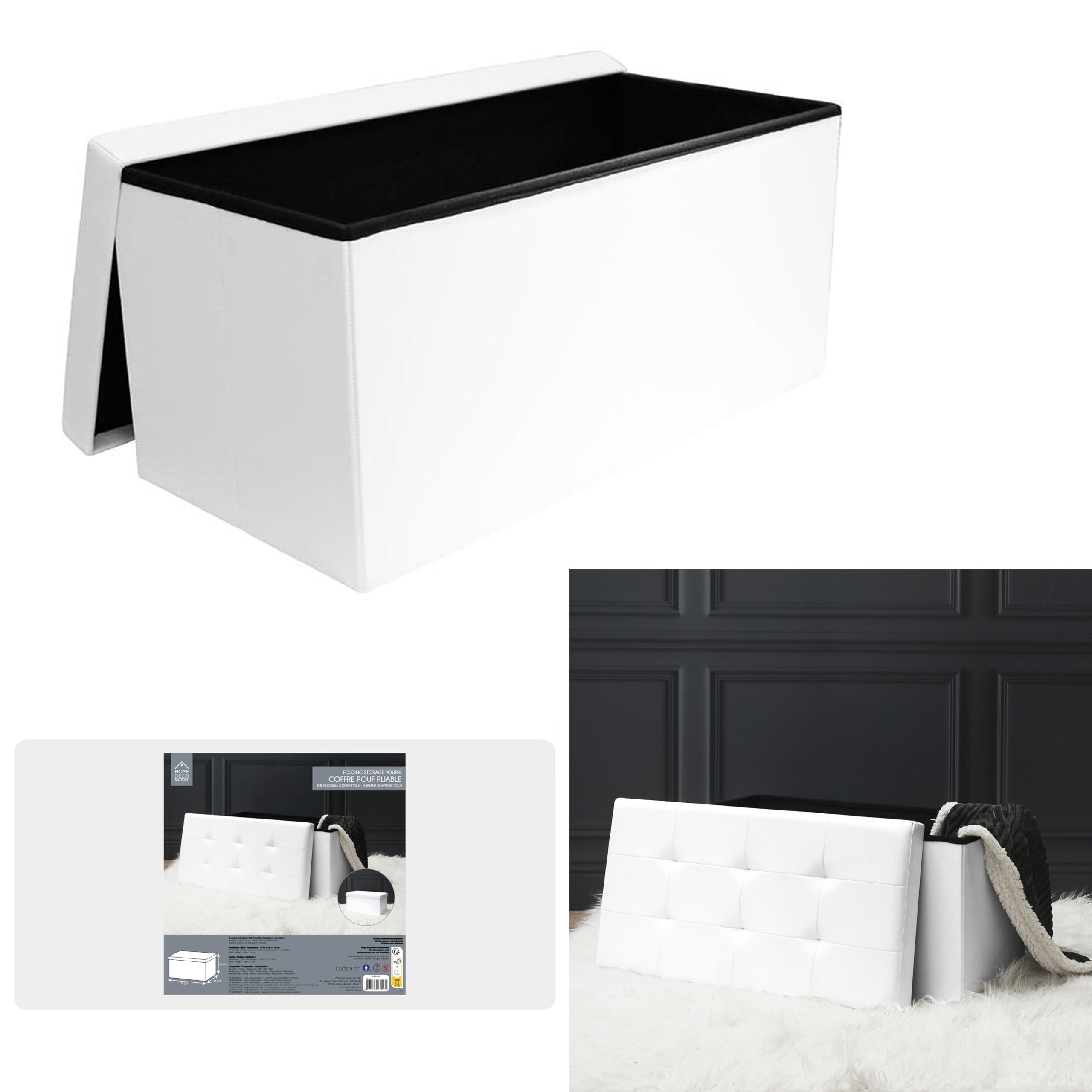 HOME DECO FACTORY Coffre Banc Pliable en Simili Cuir Rangement Blanc