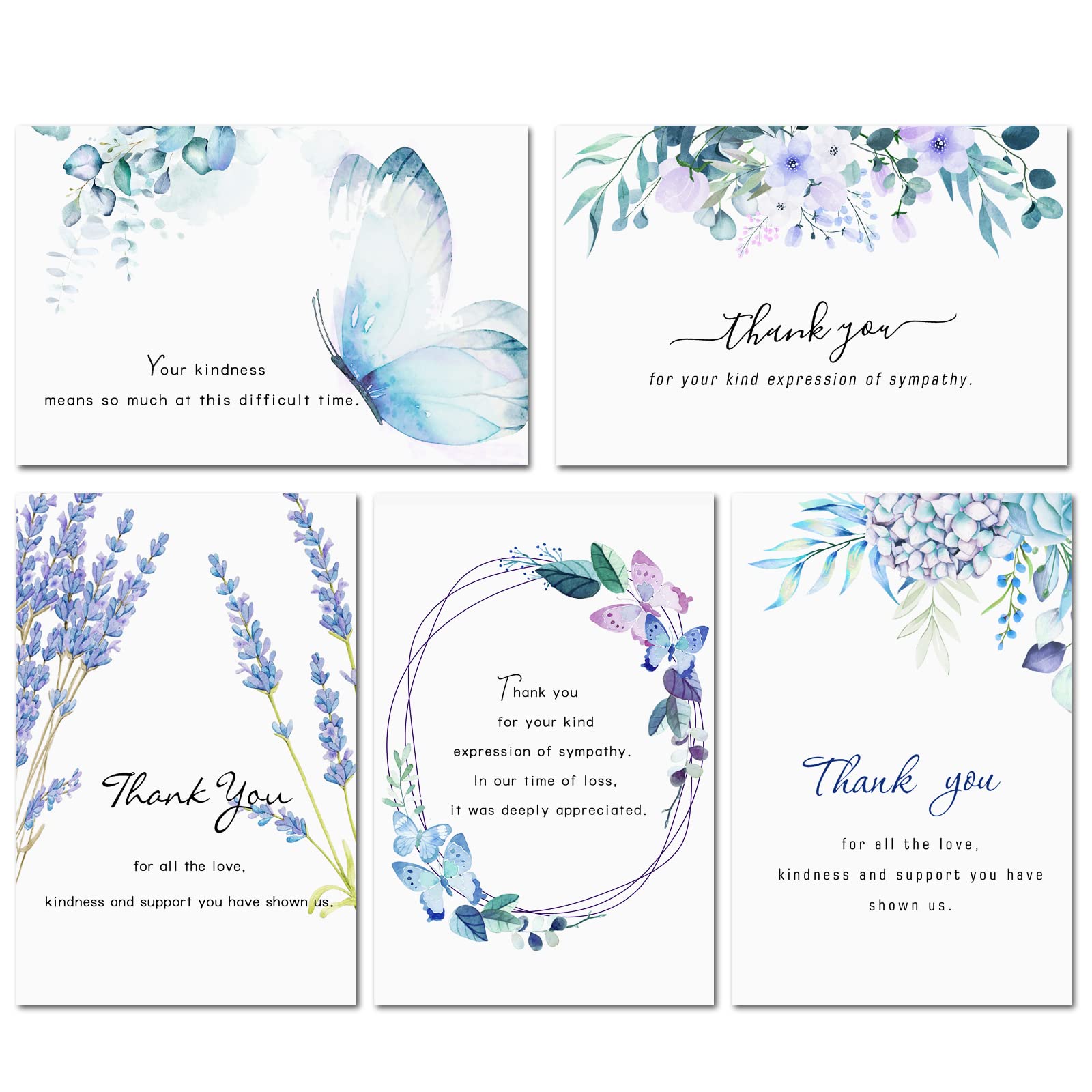 Hunanyume 50 Pack Funeral Thank You Cards with Envelopes, Stickers & Message Inside, 4×6 in Watercolor Flowers Butterflies Bereavement Sympathy Thank You Cards for Funeral Family Friends Loved Ones