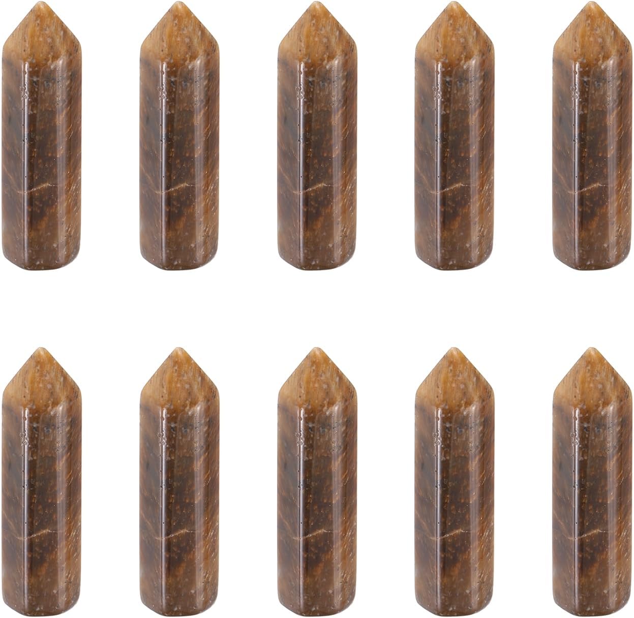 sourcing map 10Pcs Crystals Wands, Tiger's Eye Natural Hexagonal Crystal for Chakra Meditation Wire Wrapping Home Decor Bulk Rough Stone Collection, 33 x 8mm (Yellow)