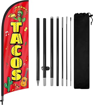 Tacos Feather Flag with Pole Kit 8Ft, Mexican Food Swooper Flag Sign for Food Trucks, Taco Shops Storefronts
