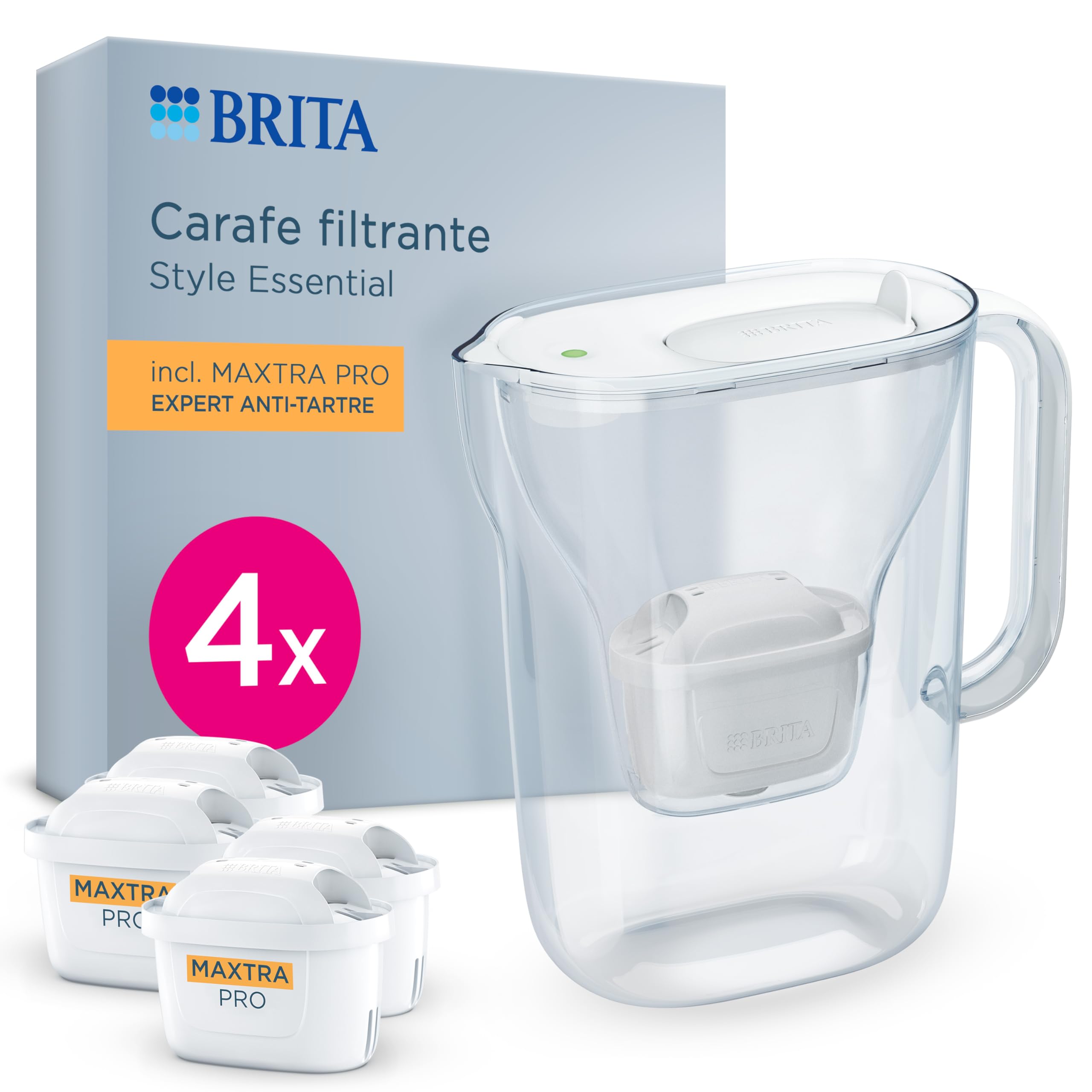 BRITA Carafe filtrante Style Essential blanche (2,4L) avec 4x MAXTRA PRO Expert Anti-Tartre - Indicateur Smart Light, tient dans la porte du frigo, réduit* des impuretés, certains métaux & plus