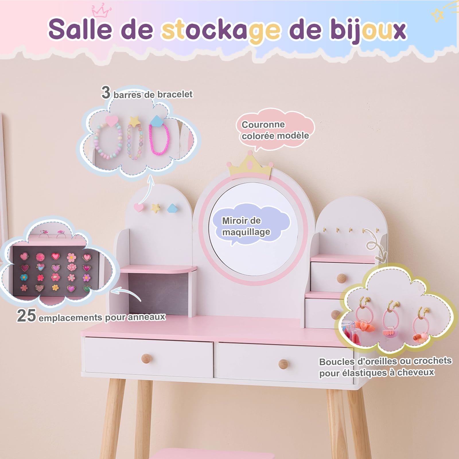LALAHO Coiffeuse pour Enfants，Coiffeuse Fille avec Tabouret，4 Tiroirs en Bois, Crochets à Bijoux，pour Les 4-9 Ans (Blanc & Rose)