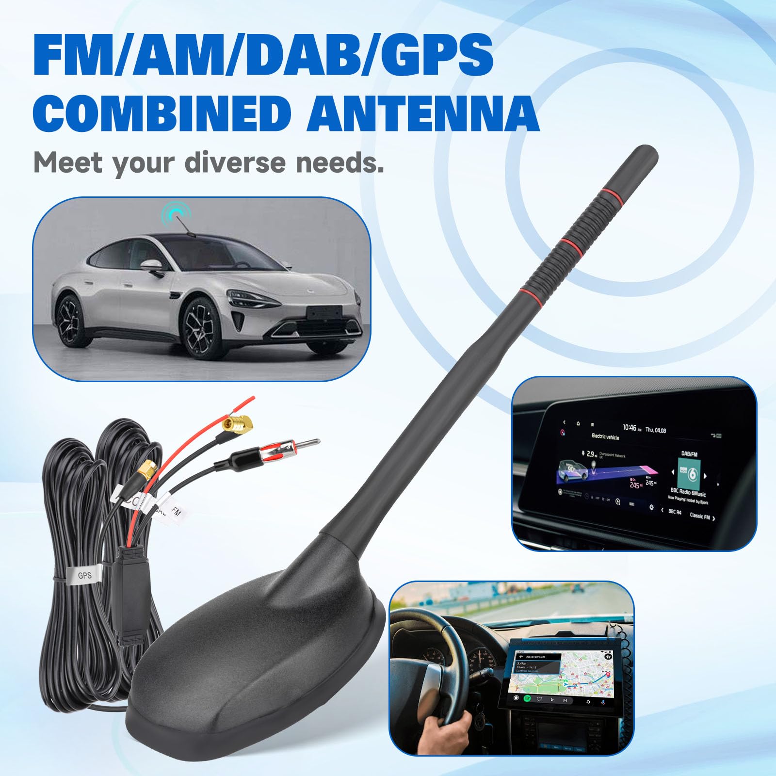 Eightwood Active DAB DAB+ antena samochodowa radio cyfrowe GPS DAB FM antena samochodowa antena dachowa antena samochodowa ze wzmacniaczem ze złączem SMB/SMA DIN adapter radio samochodowe rozdzielacz