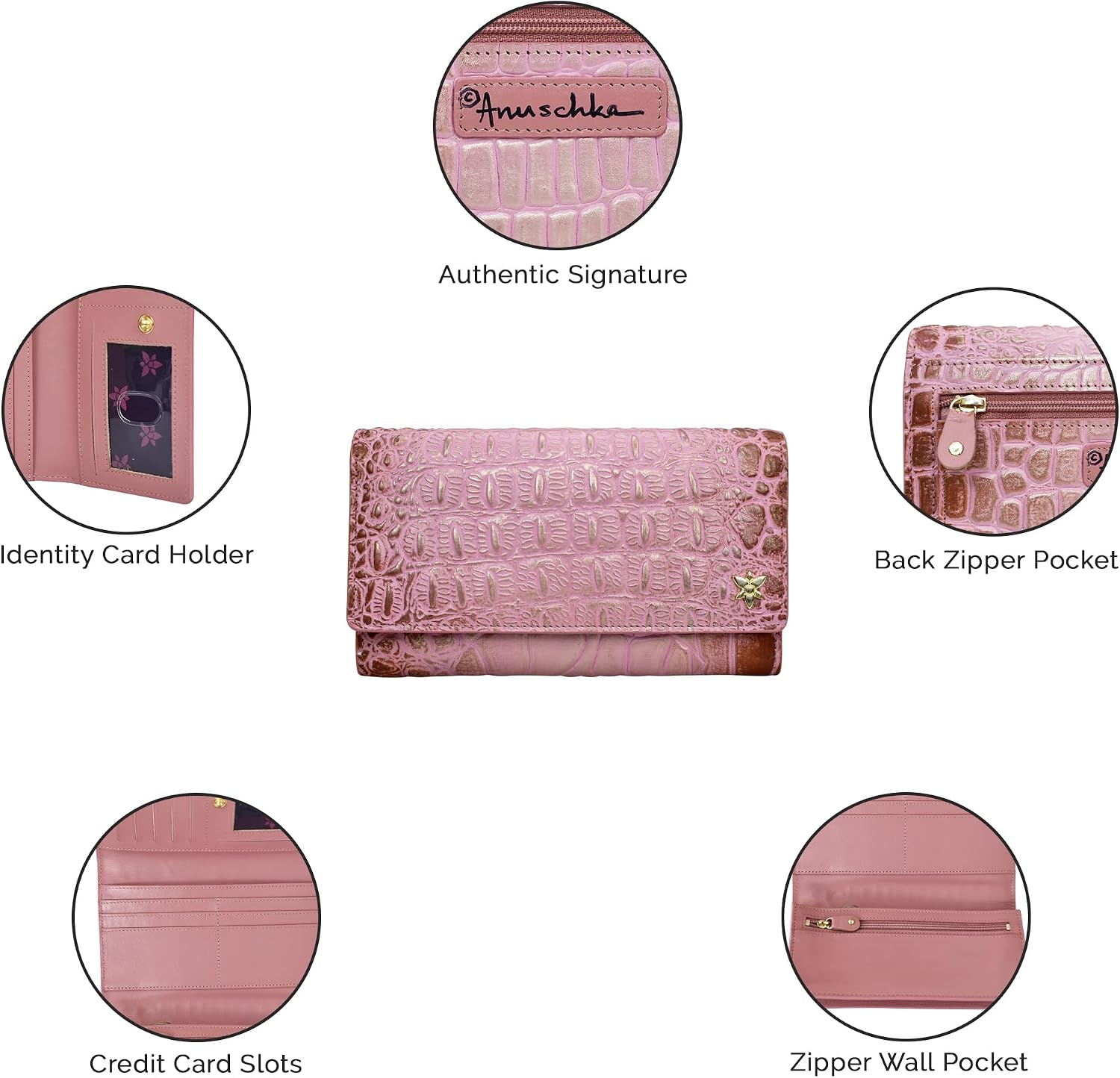 Anuschka Women’s Hand-Painted Genuine Leather RFID Blocking Three Fold Wallet - Crocodile Embossed