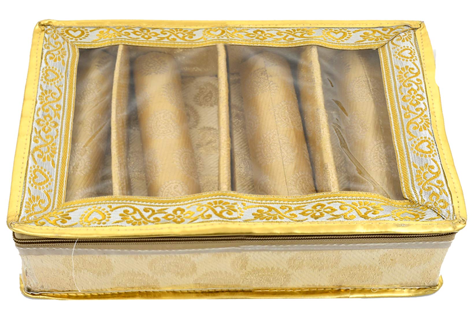 Kuber Industries Carry Design Brocade Hardboard Four Rod Bangle Box (Gold) -CTKTC38750