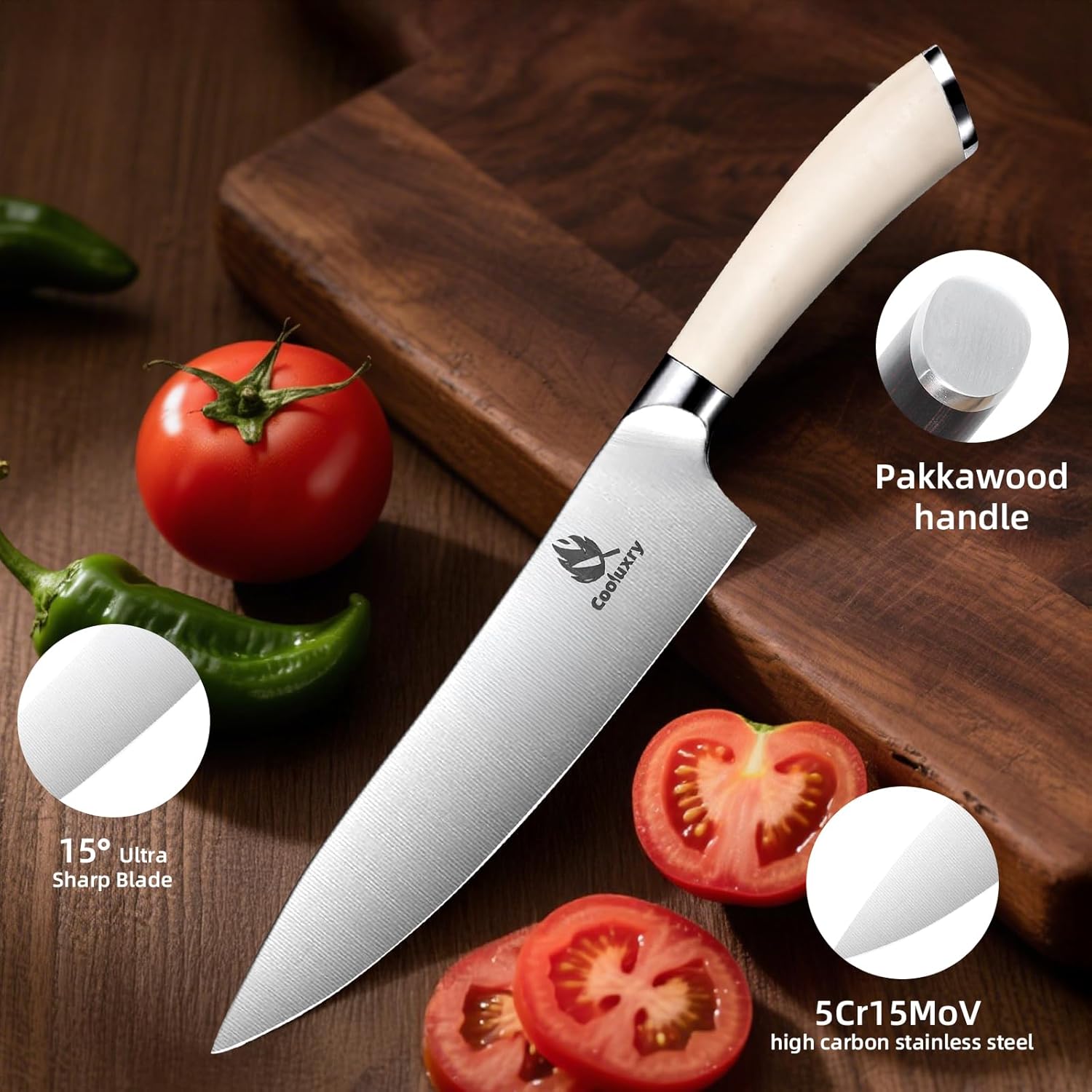 Professional White Chef Knife - 8 Inch High Carbon Stainless Steel Kitchen Knife with Ergonomic White Handle for Precise Cutting - Image 3