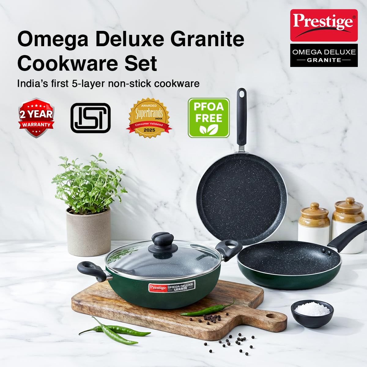 Prestige Omega Deluxe zestaw garnków nieprzywierających, 3 szt., bez PFOA, powłoka Omni Tawa, 25 cm, patelnia 24 cm, Kadai ze szklaną pokrywką, 24 cm, zielony mech, nadaje się do mycia w zmywarce