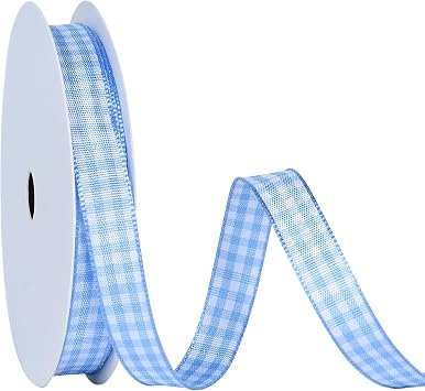 Ribest Light Blue and White Gingham Ribbon, 3/8 Inch 10 Yard Woven Edge Plaid Ribbon for Gift Wrapping Crafts Baby Shower Party Decoration