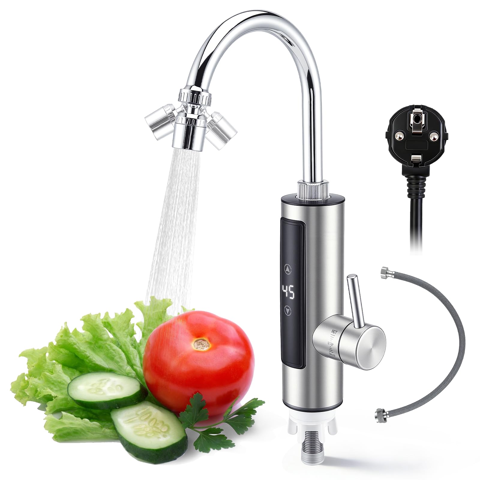 Robinet électrique 3,4 kW avec chauffe-eau instantané pour cuisine - Robinet d'eau chaude avec écran numérique (30-50 °C) - Bec pivotant à 360° et double jet - Eau chaude instantanée pour évier - 220