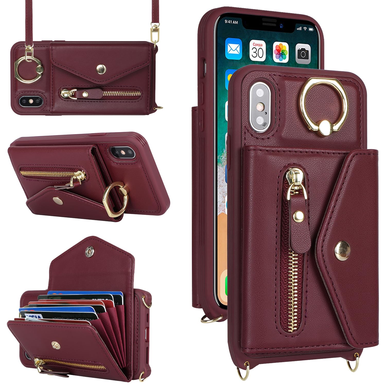 SailorTech iPhone XS Max Case with Zipper Credit Card Holder for Women iPhone XS Max Phone Leather Case Ring Stand with Card Slots Kickstand Wallet Crossbody for iPhone XS Max-Burgundy - Image 4
