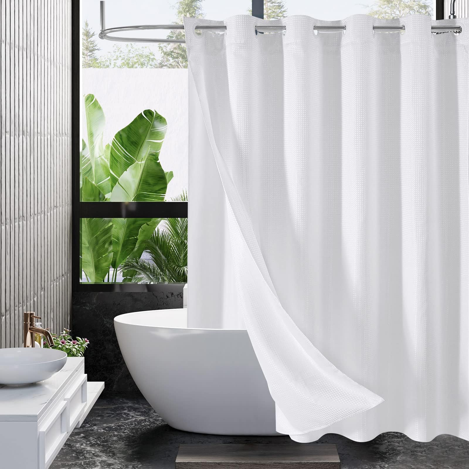 No Hooks Needed Textrue Fabric Shower Curtain with Snap in