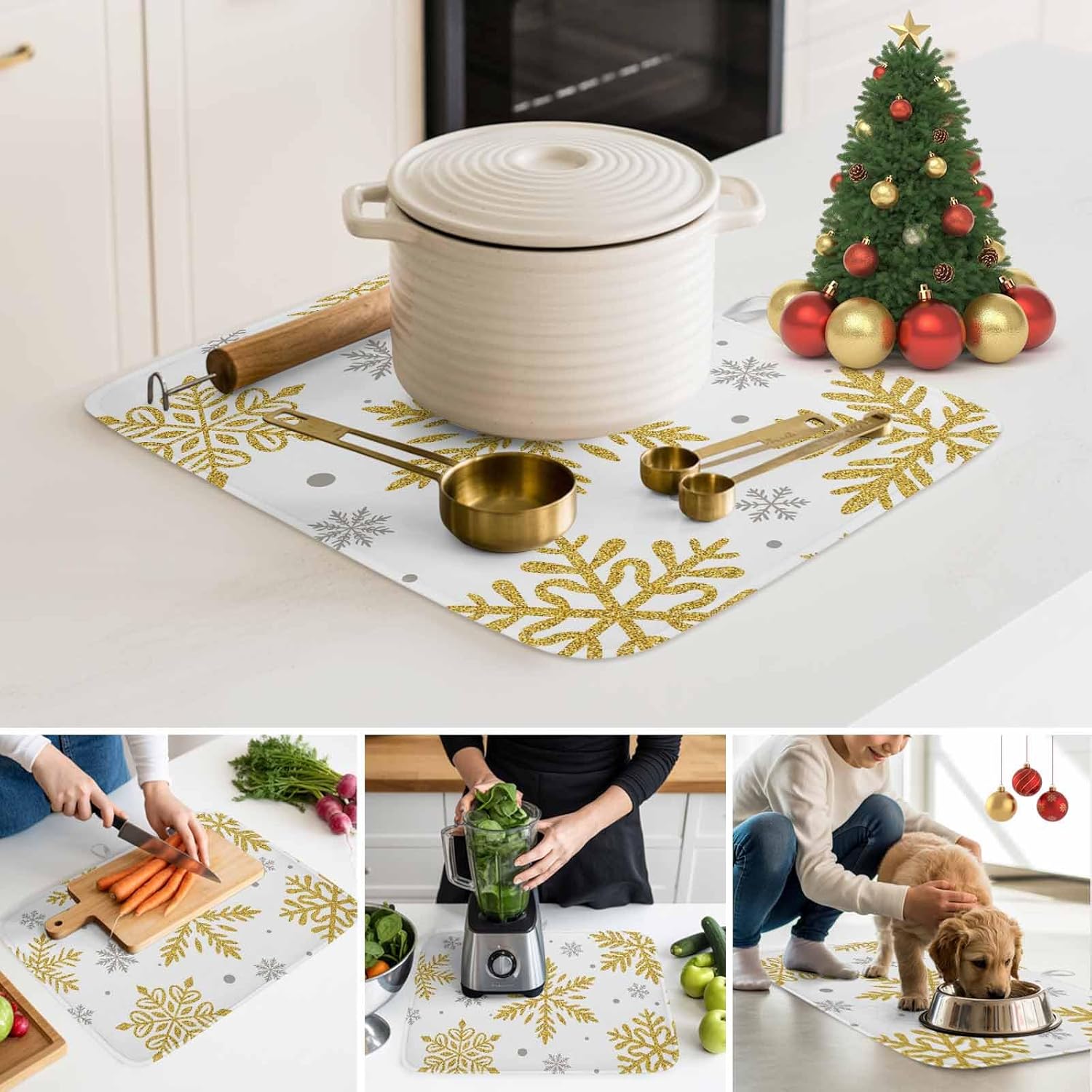 Winter Christmas Snowflake Dish Drying Mats for Kitchen Counter,Absorbent Microfiber Dish Drainer Rack Mat Gold Gray Snow on White Drying Pad for Sinks,Utensils,Countertops,18x24in