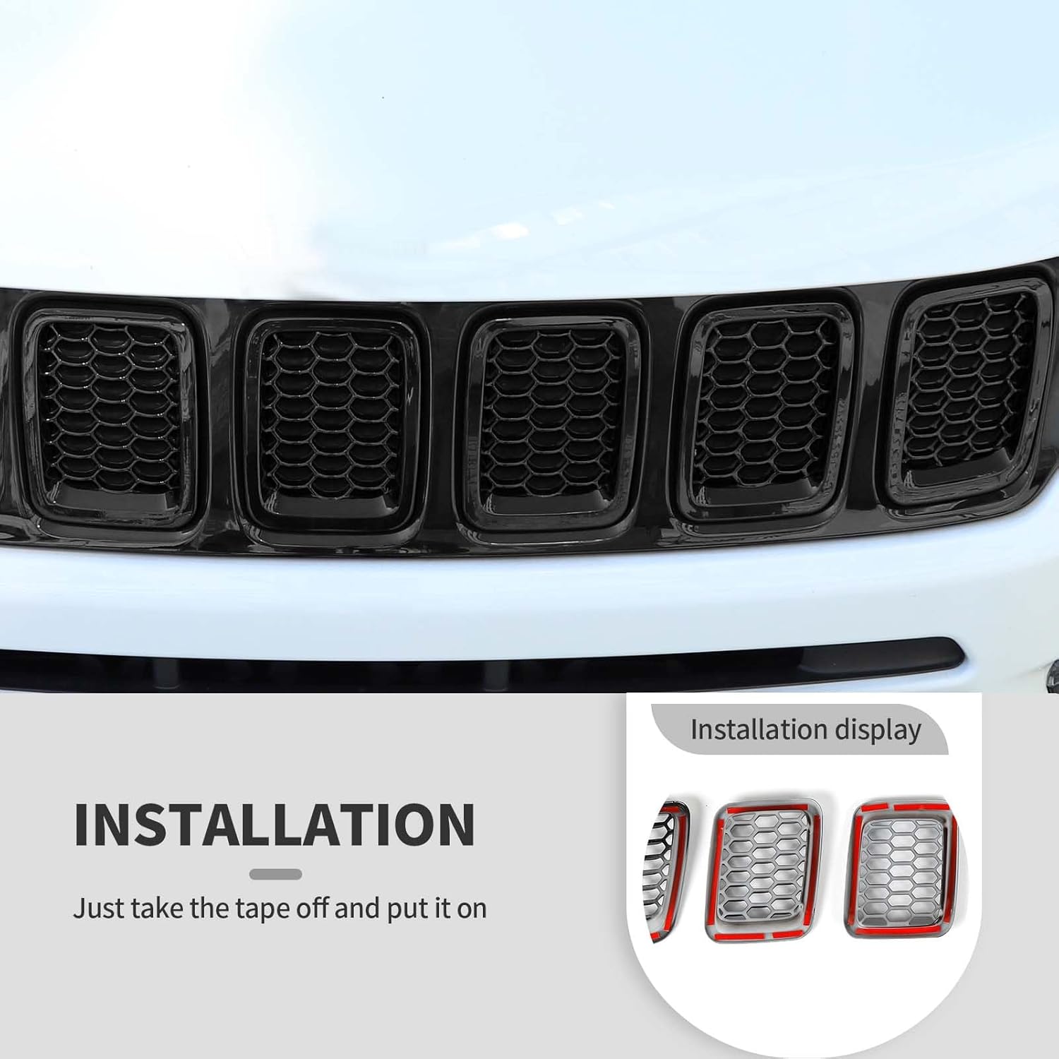 Jimen Compatible with Jeep Compass 2017-2020, 7PCS Mesh Grille Inserts Grill Cover Trim (Black)