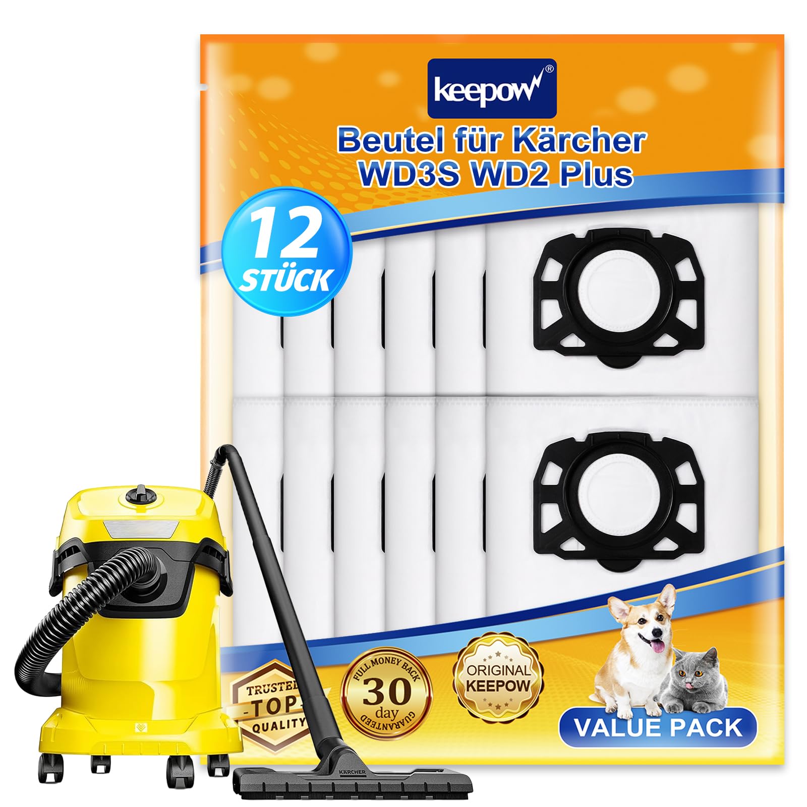 KEEPOW 12 Stück KFI 357 Staubsaugerbeutel für Kärcher WD3s WD 3 V-17/4/20 2.863-314.0 wd2 Plus kwd 3 KWD1-2 SE 4001 Plus Vliesfilterbeutel