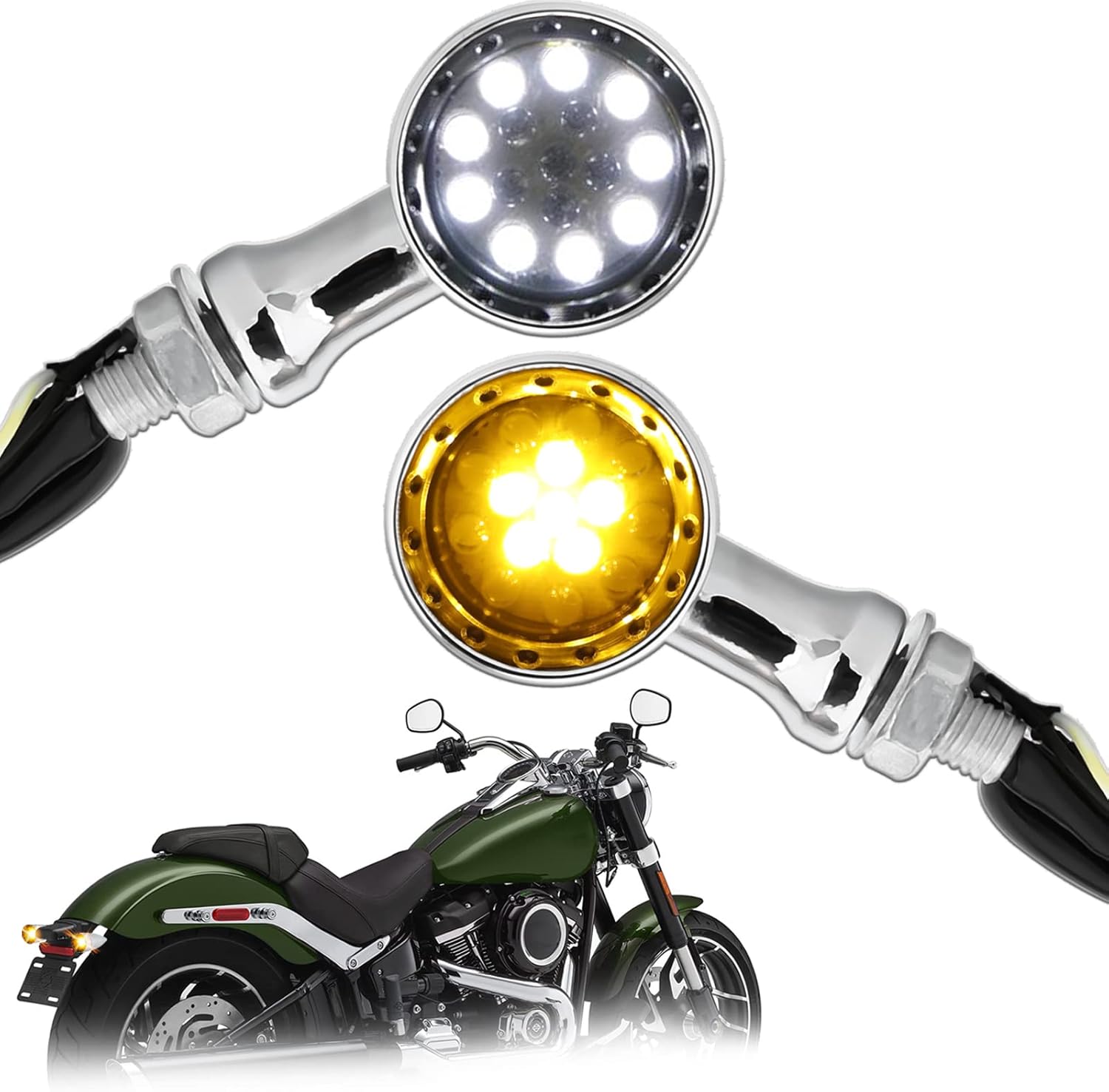 DREAMIZER Chrome Motorcycle Turn Signals 15 LEDs Bullet Front Rear Indicator Lights Amber White Light Compatible for Harley Cruiser Softail StreetBike Chopper Bobber Cafe Racer