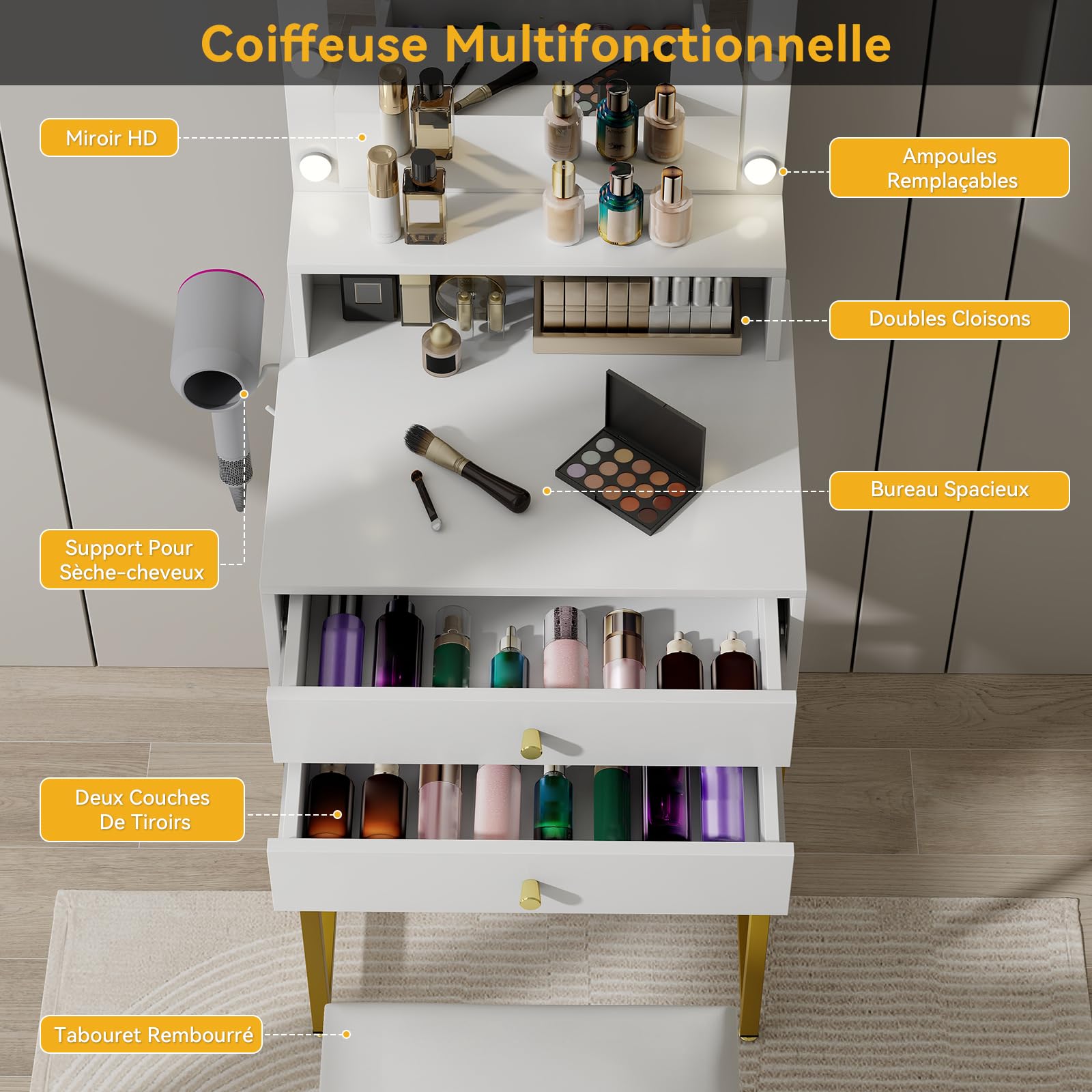YU YUSING Petite Coiffeuse Miroir Hollywood LED, Table Maquillage Doré