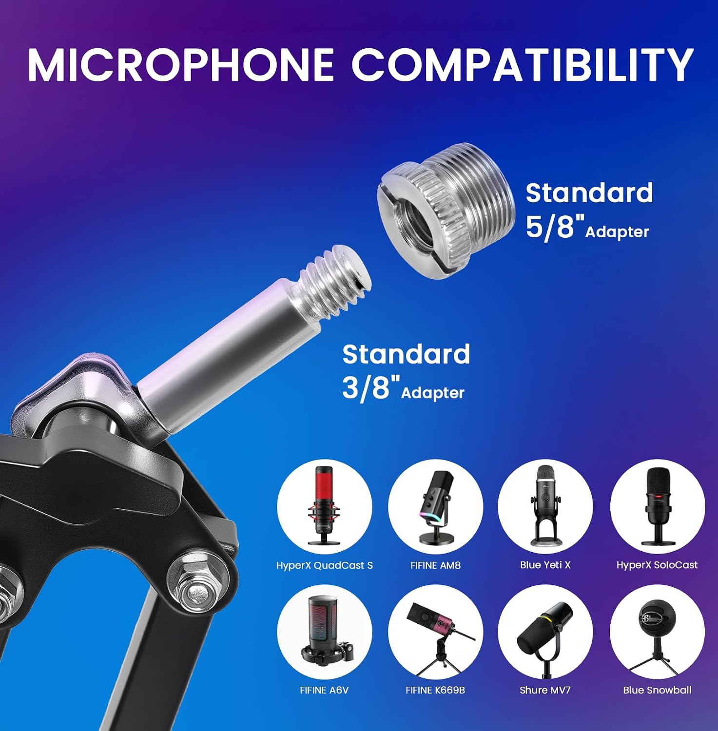 Microphone compatibility with 3/8 and 5/8 inch adapters