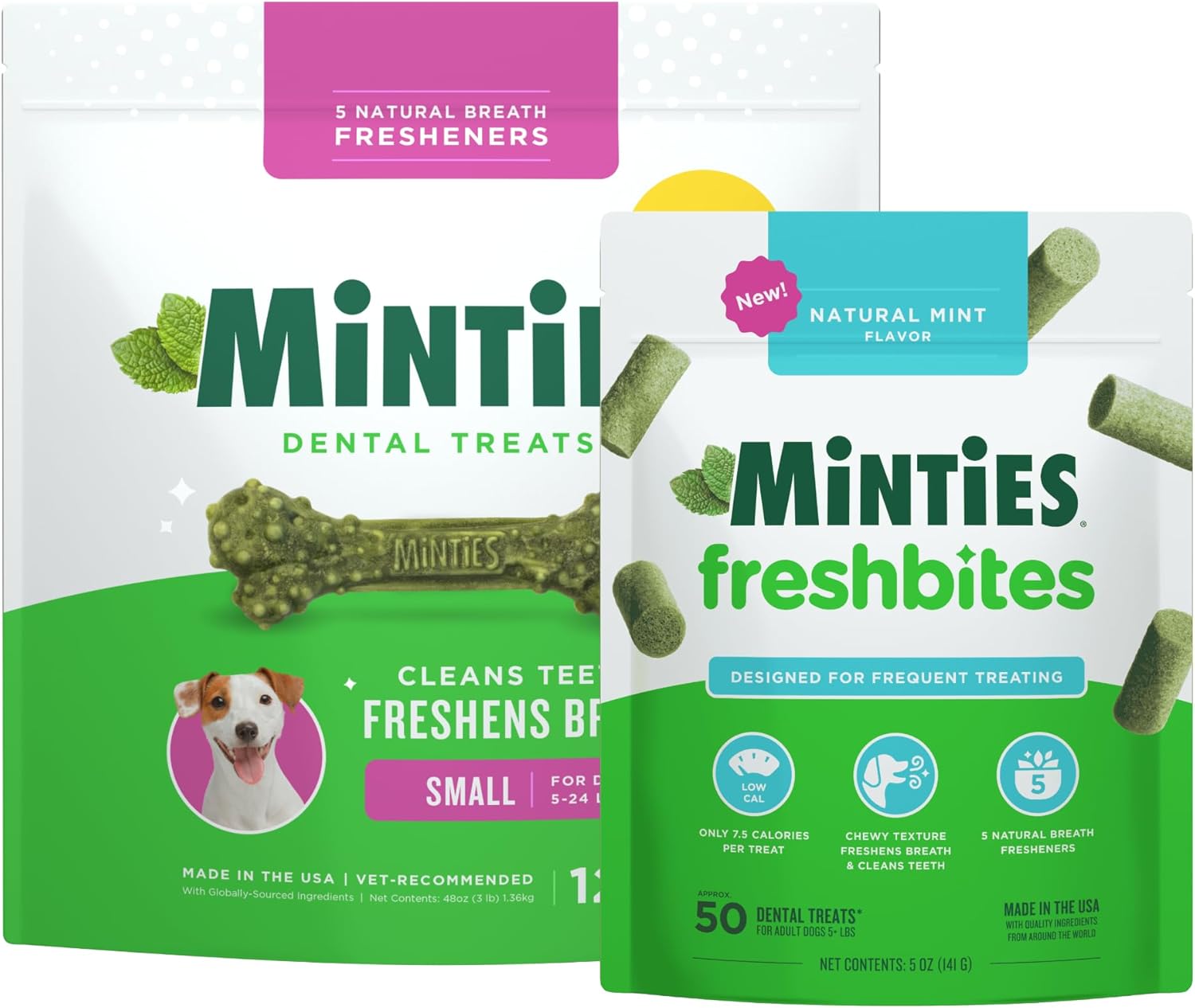 Minties Tiny/Small Dental Dog Treats, 5-25 lbs, 120 Count + Minties FreshBites Soft and Chewy Dental Treats, 50 Count