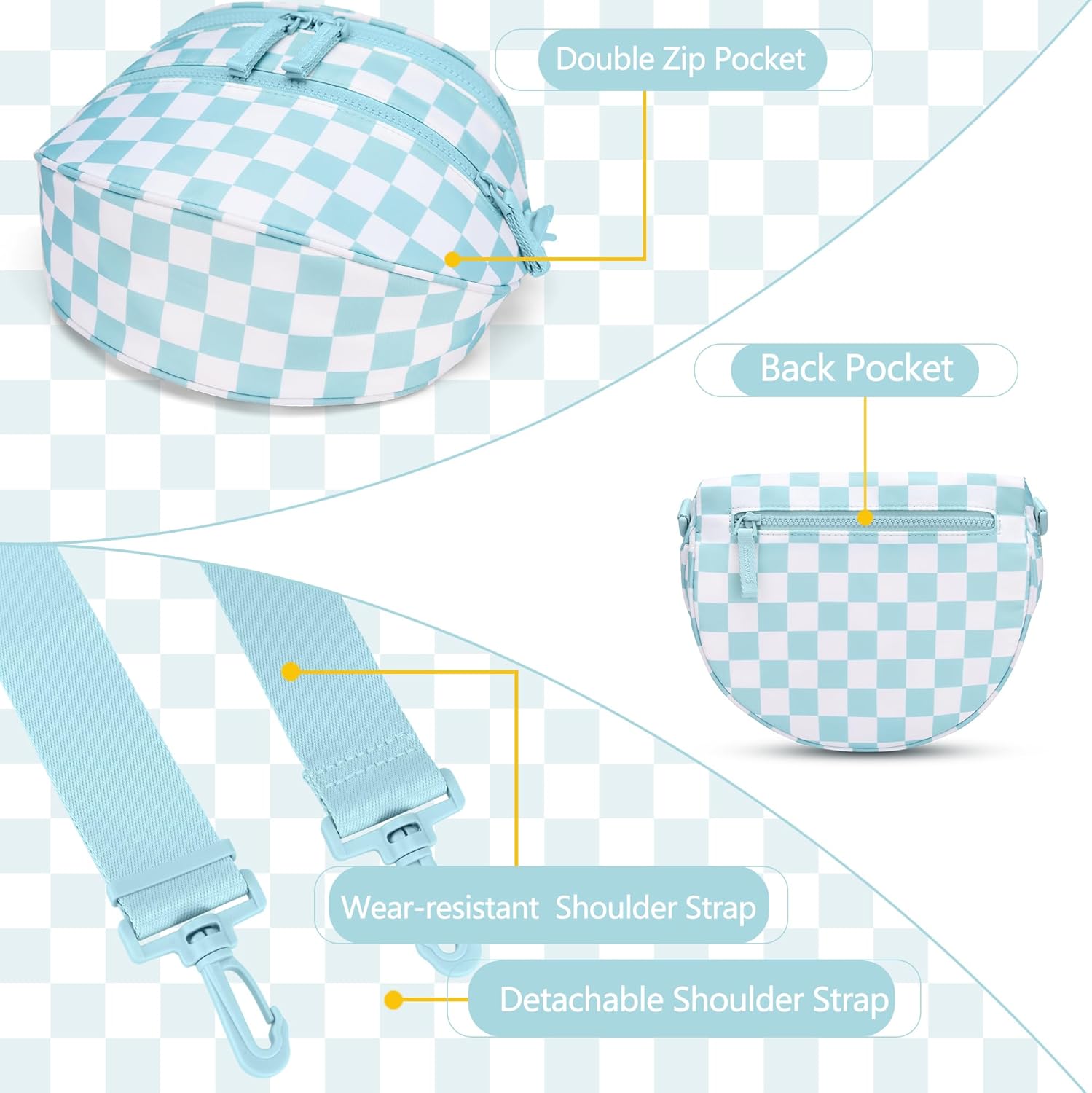 FODOKO Small Checkered Crossbody Bag Nylon Bum Bags shoulder Purses Handbags Wallets for Women