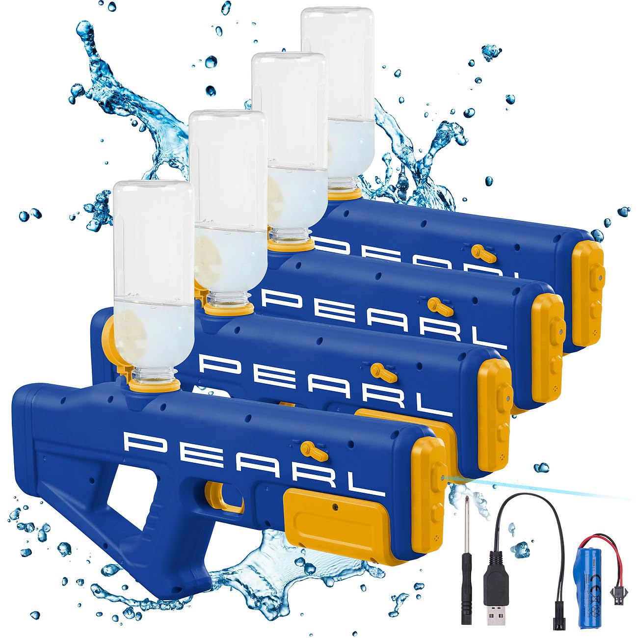 PEARL Wasserpistole für Kinder: 4er-Set Elektrische Wasserpistolen mit Tankaufsatz, bis 10 m, 650 ml (Akku Wasserpistole, mit Tank, Super Soaker)