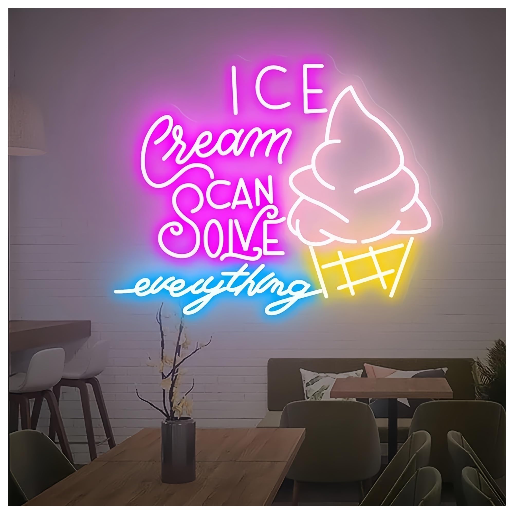 SHOUXI Sign Lamp Ice Cream Solves Everything Neon Sign Ice Cream Store Wall Decor Neon Sign Cafe Bar Decoration Neon Light(C,55CM)