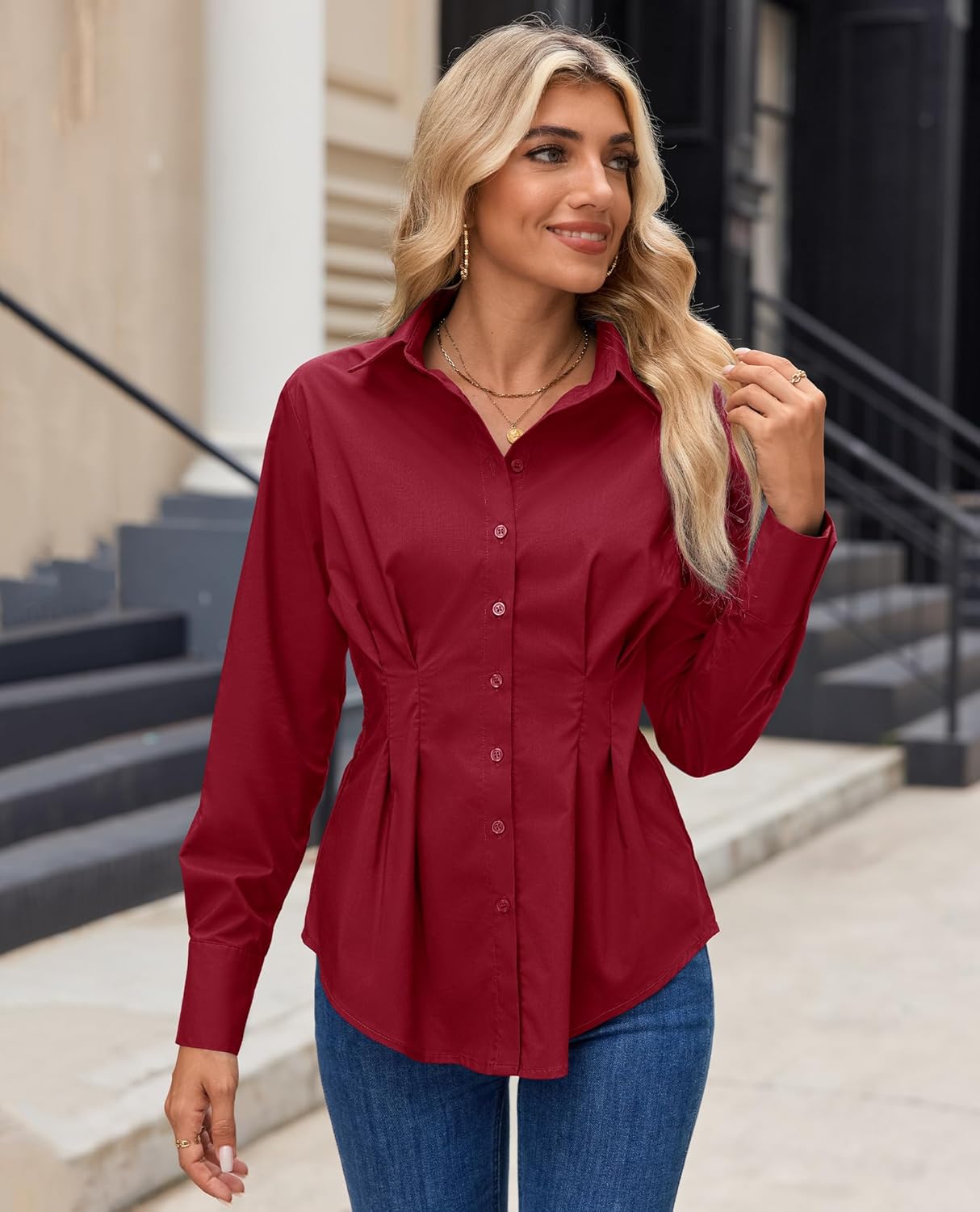 siliteelon Button Down Shirts for Women Cinched Waist Dress Shirt Cotton Long Sleeve Business Casual Work Office Blouse - Image 2