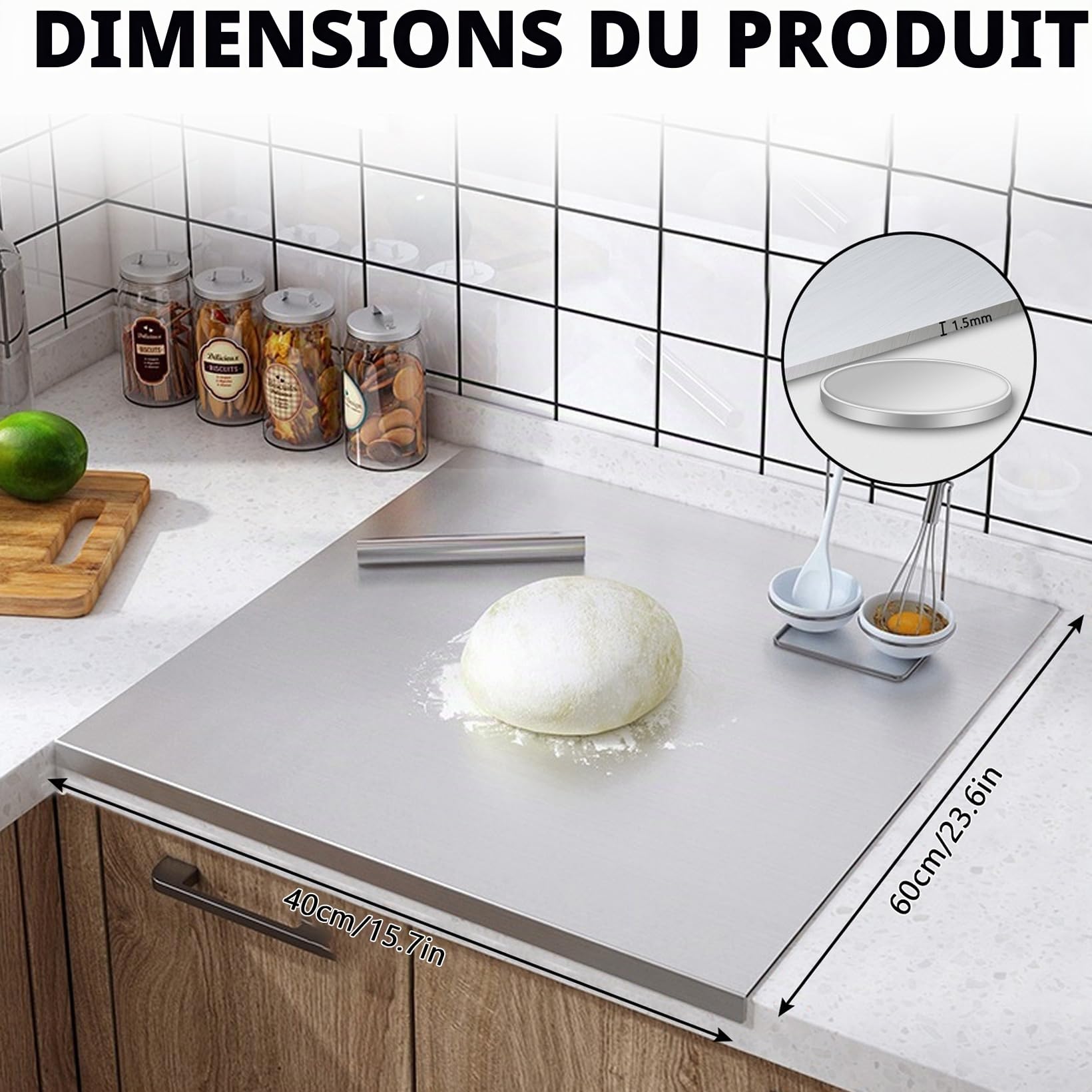 Planche à Découper Inox 40x60cm, Plan de Travail Cuisine Acier Inoxydable | Double Face avec Bord de Butée, Antidérapante, Antibactérienne pour Boulangerie, Restaurant Et