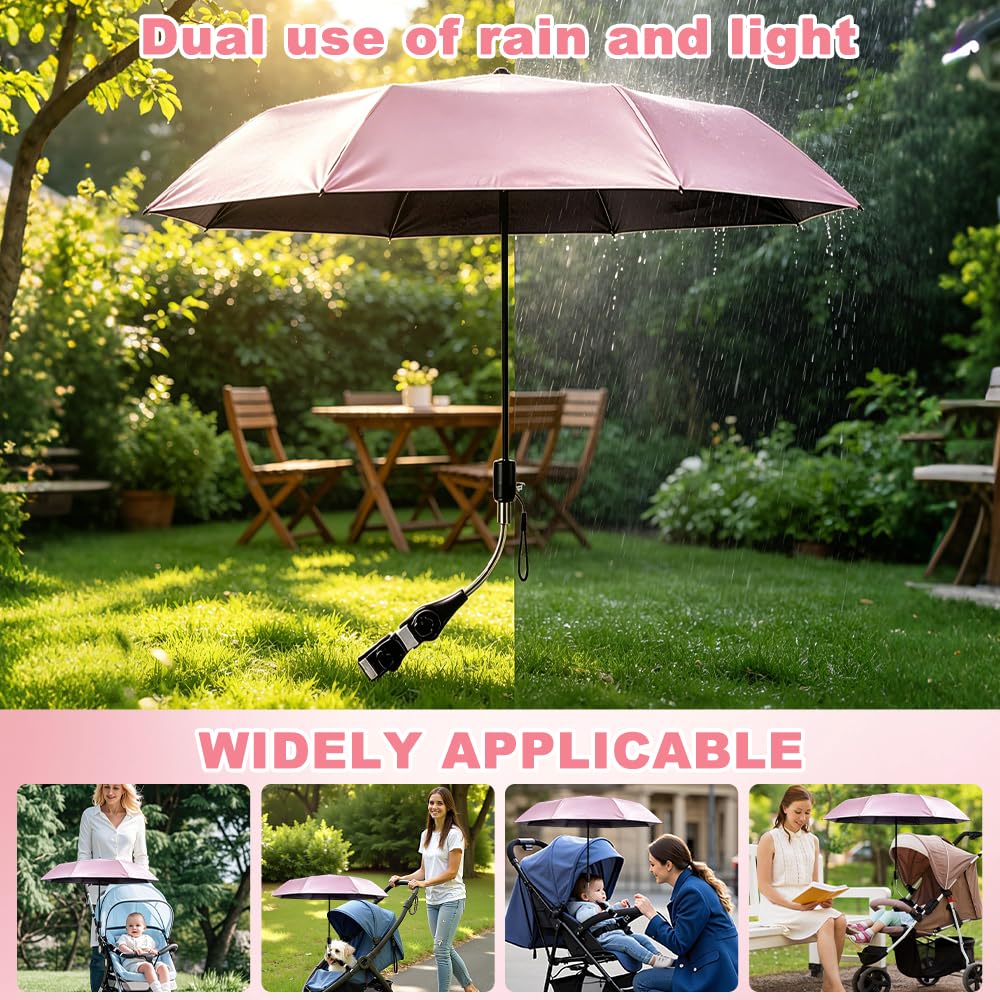 Foreverup Sonnenschirm für Kinderwagen UV Schut, Kinderwagen Sonnenschirm 360° Flexibler, Sonnenschirm Buggy Kinderwagen, 96 cm Durchmesser, Schützt effektiv vor Sonnenlicht und Regen, Rosa