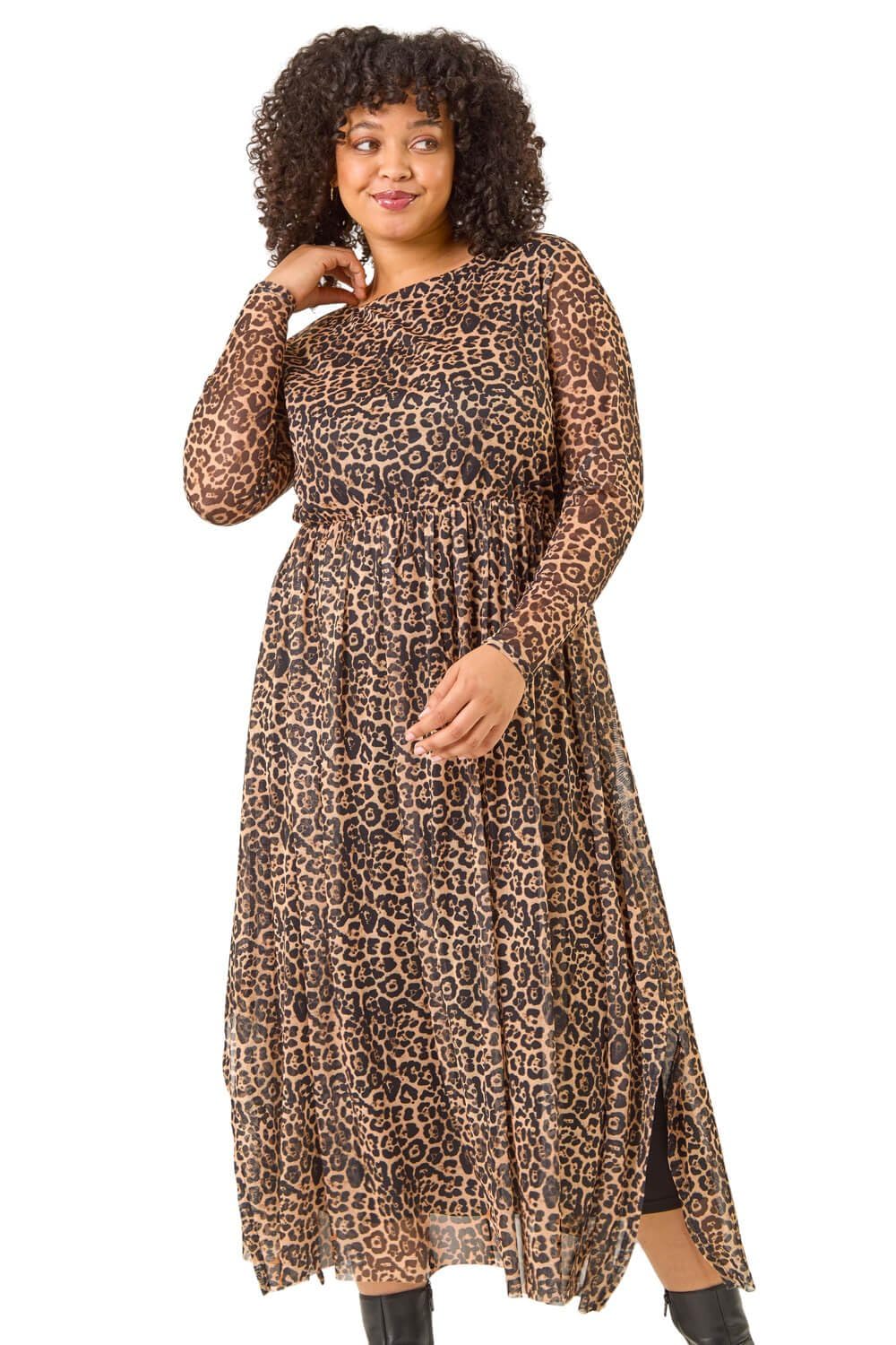 Roman Curve Animal Print A-Line Stretch Dress for Women UK - Ladies Everyday Autumn Winter Round Neckline Comfy Soft Evening Vacation Work Party Night Out - Natural Plus - Size 18