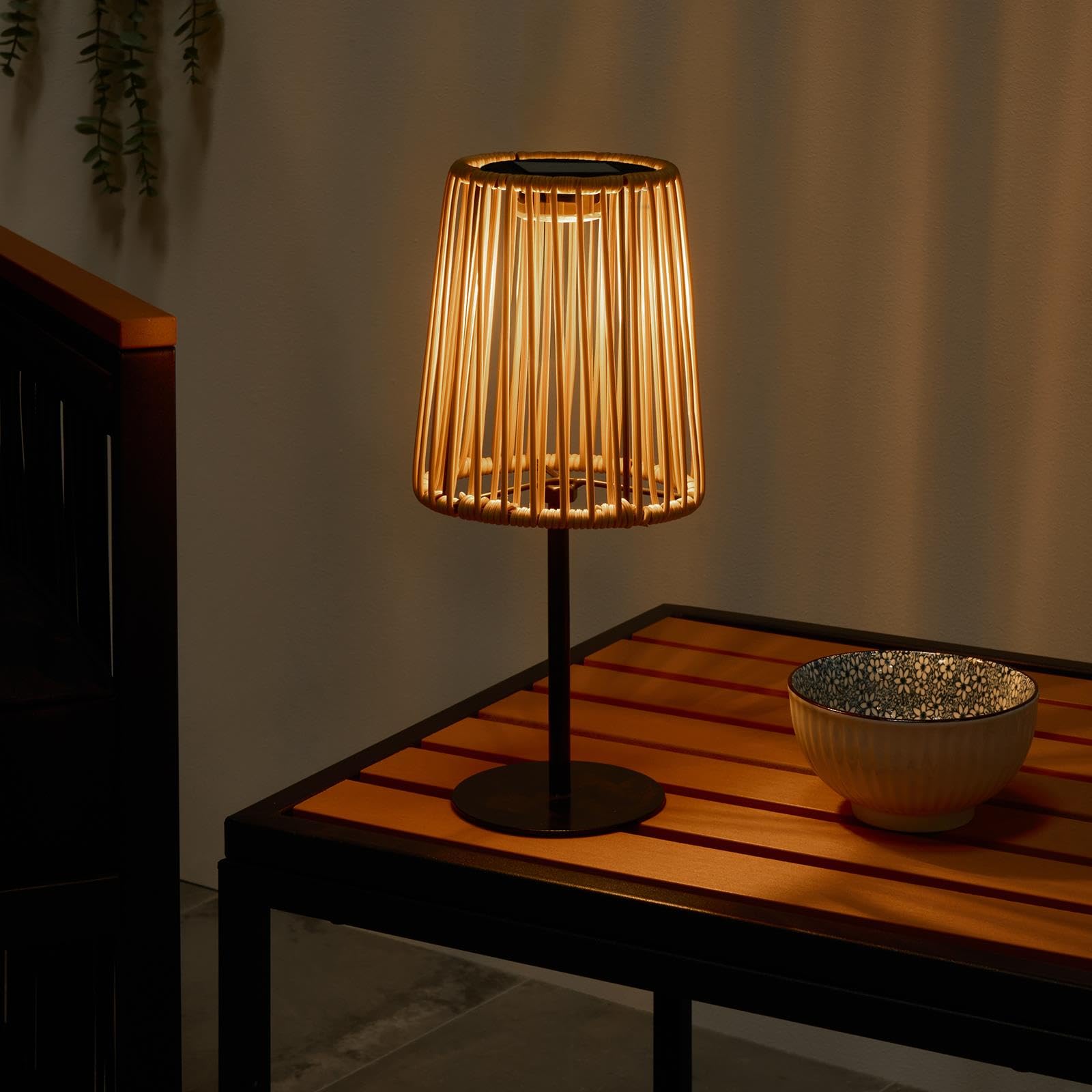 Ohs Rattan Solar Table Lamp Cordless Outdoor Garden Light Auto SensorNatural from B&Q