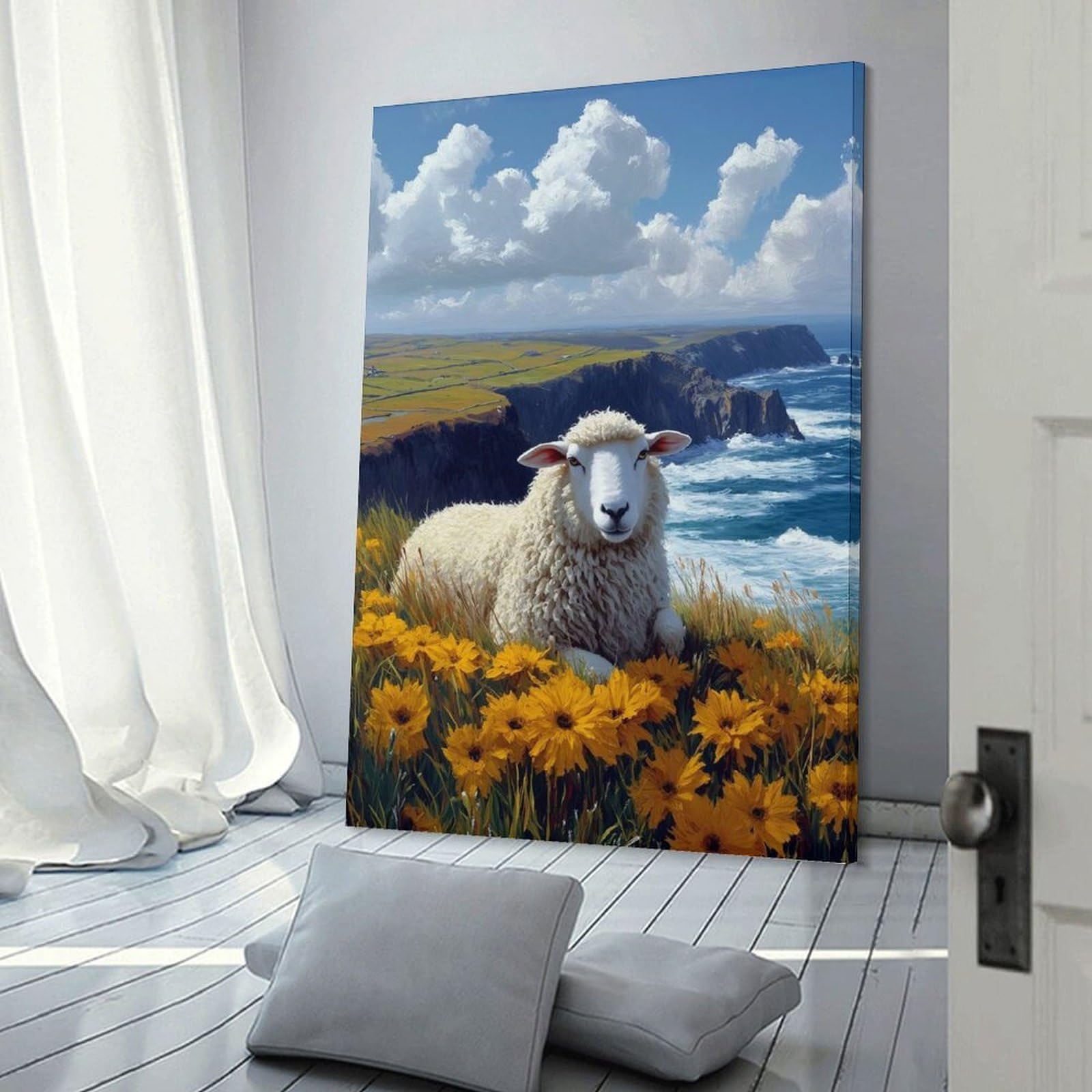 Junmoney Frame-Style-8 Sheep In A Field Of Flowers Hanging Wall Art, 24X36inch(60X90cm), For Bedroom Decor, Cosy Corners Or Studios, An Easy Wall Refresh For Bedrooms