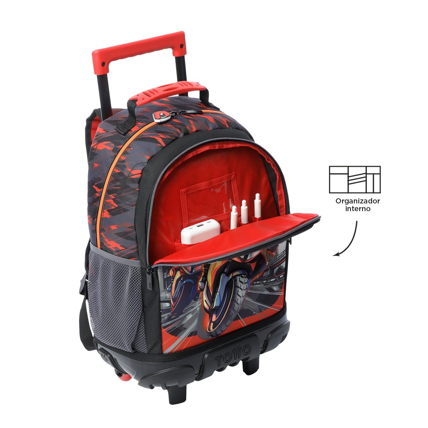 TOTTO - Mochila Escolar con Ruedas, Modelo Speed Biker M, Mochila Mediana, Capacidad 23 L, 2 Compartimentos, 2 Bolsillos Botella, Protección en la Base, Cómodas Correas Ajustables, Color Rojo