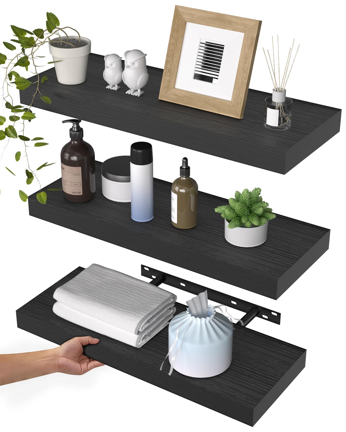 WALI Floating Shelves for Wall, 3 Tier Bathroom Storage Shelf Over Toilet, for Bedroom Bookshelf, Living Room Decor, Kitchen, Nursery, Laundry, Soundbar Floating Shelf Mount Under TV (CS103L), Black