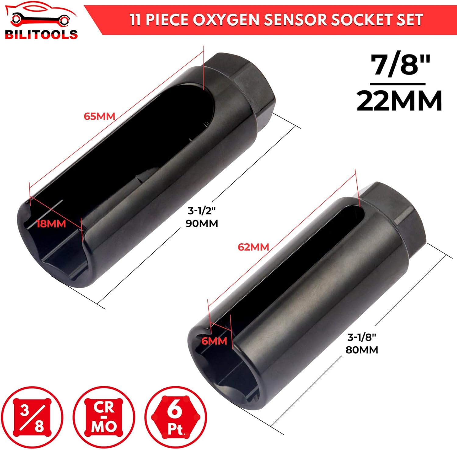 BILITOOLS 11-Piece O2 Oxygen Sensor Socket Set &1/2" Drive Deep Axle Nut Spindle Impact Socket Set | 12 Point | CR-MO | 14-17 - 19-30 - 32-34 - 35-36 mm