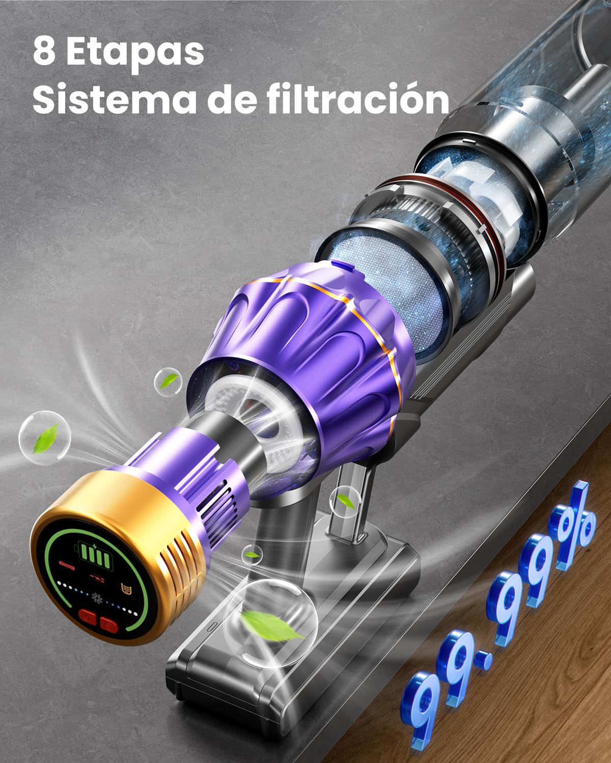 Aspiradora sin Cable 55Kpa/650W/70Mins, Escoba Aspiradora de 1.8L, Sistema de Filtración de 8 Etapas,Autoportante, Adecuada para Pelo de Mascotas, Luz Verde Alfombras y Suelos de Madera