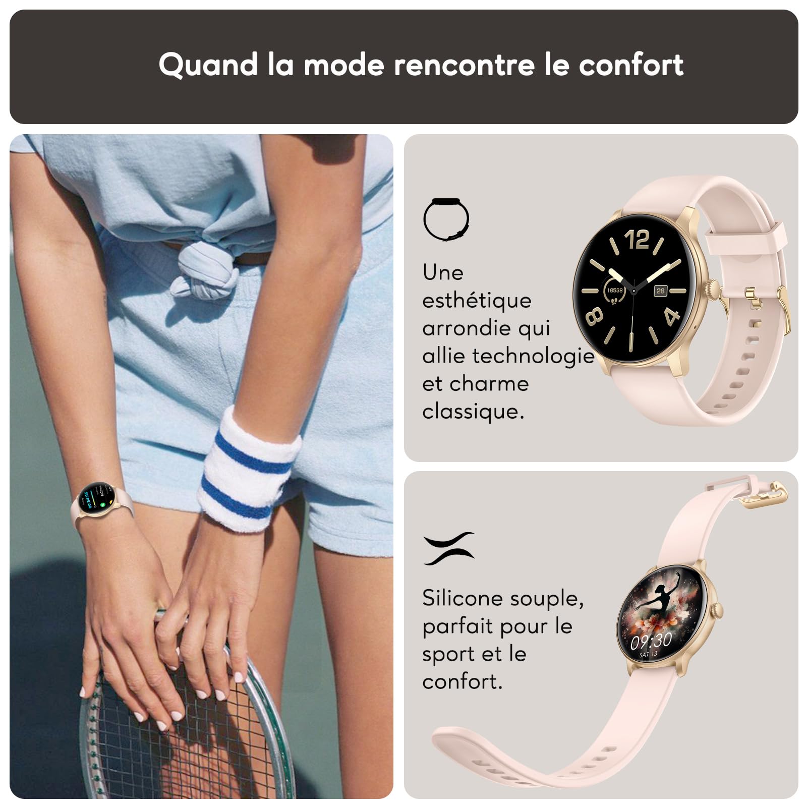 AcclaFit Montre Connectée Femme Homme, 1,38" Full Touch Smartwatch, 147+ Modes Sportifs, Fréquence Cardiaque pour Android iOS