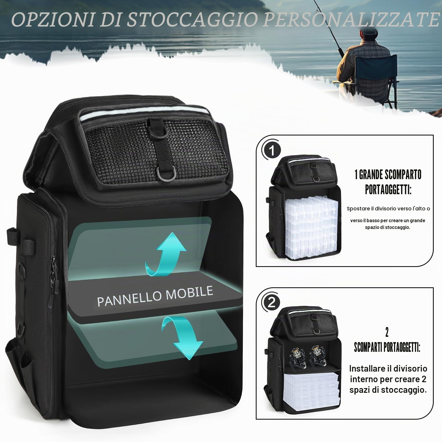 Borsa da Pesca Grande Tattico Zaino da Pesca per Attrezzi e Accessori 45L Borsa Sportivo per Campeggio Trekking Sport All'apert (Solo Zaino)