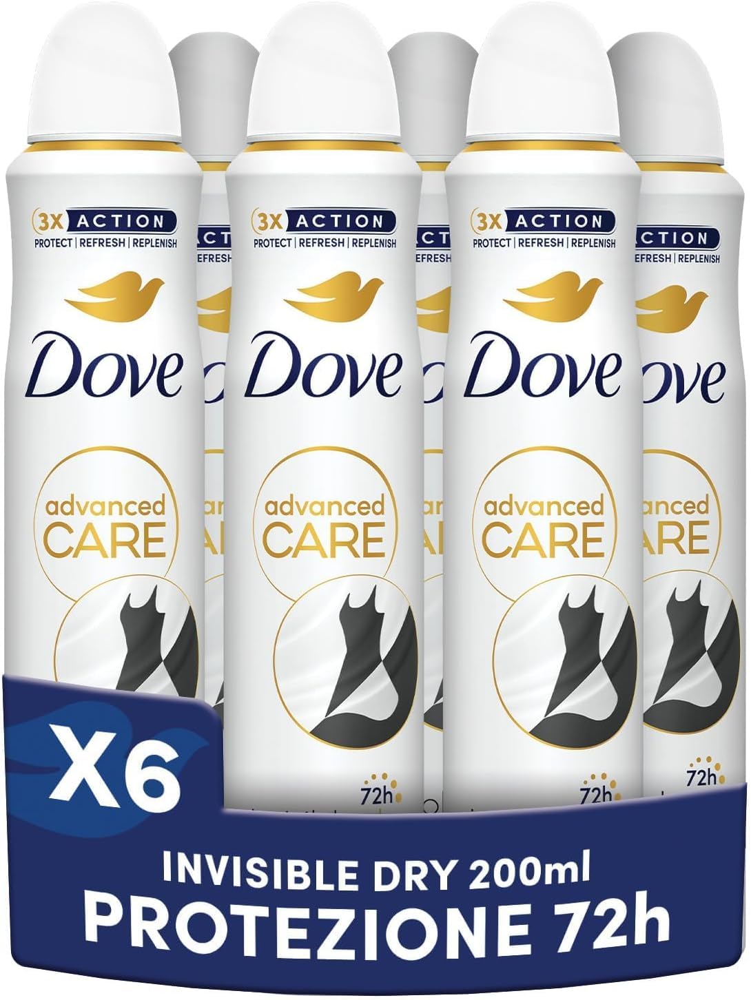 Dove Advanced Care Invisible Dry Spray Dezodorant z formułą nawilżającą i przyjazną dla skóry, formułą przeciw plamom, suchość skóry do 72 godzin, dezodorant dla mężczyzn i kobiet, 6 sztuk 200 ml