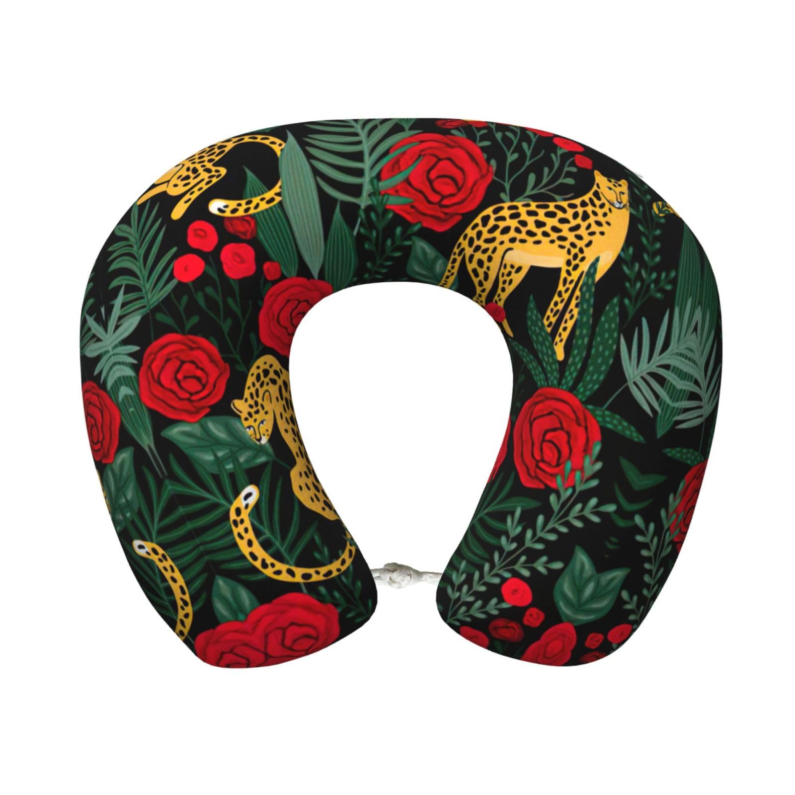 ASFgda U-Shape Memory Foam Leopard And Roses Print Travel Pillow,Neck Support,Washable Cover For Airplane Car Home Office