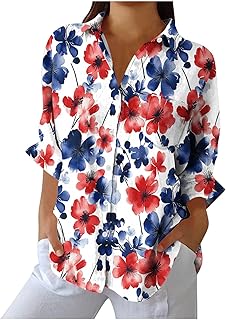 Finelylove Womens American Flag 4th of July Shirts Long Sleeve Button Down Shirt USA Patriotic Tops Memorial Day Outfits