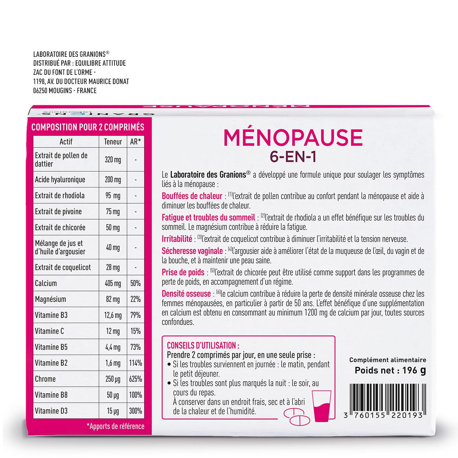 GRANIONS - MENOPAUSE 6-EN-1-3 MOIS | Menopause Bouffee de Chaleur et Poids - Ménopause Perte de Poids - Bouffees de Chaleur, Fatigue, Irritabilité, Perte de Poids, Densité Osseuse - 180 Comprimés