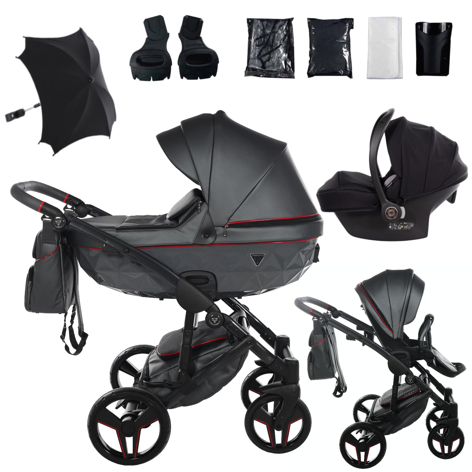 Junama Passeggino TRIO Diamond S Class 06 Grigio e Rosso - 2in1 3in1 4in1 + ombrellino (3 in 1 con Seggiolino Auto)