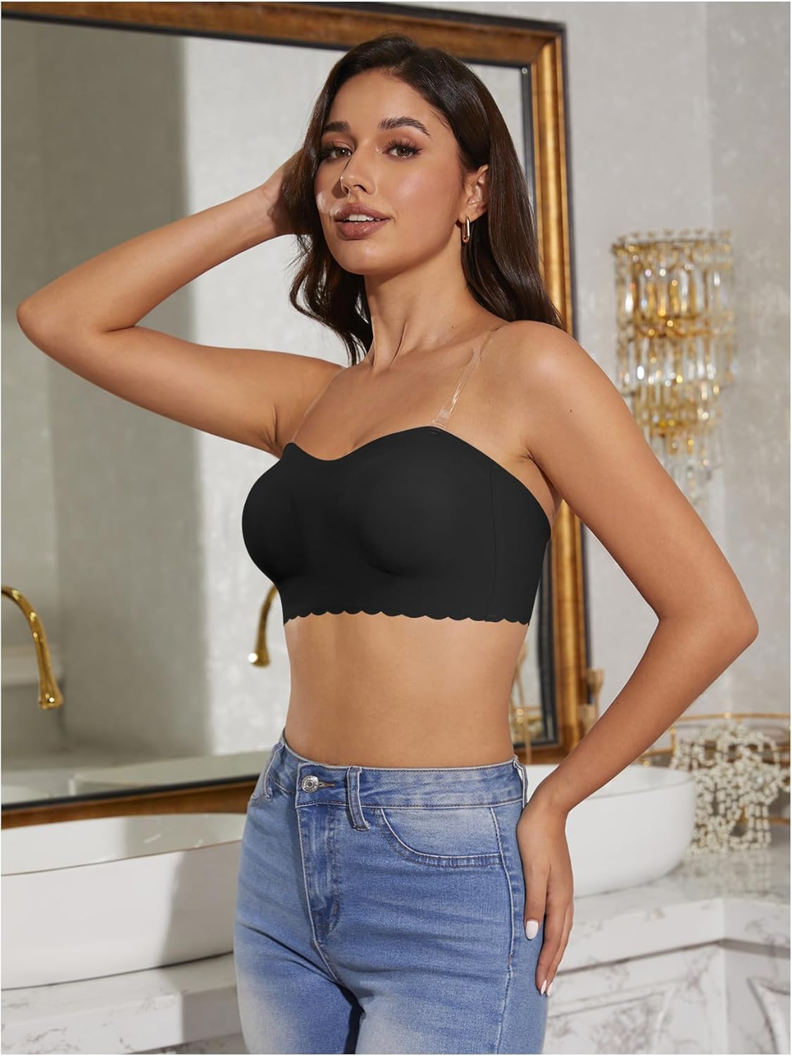 OYOANGLE Women's Scallop Trim Strapless Bandeau Bra Non Slip Padded Wireless Bralettes with Clear Straps - Image 4