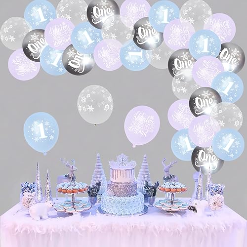 Juego de 50 globos de invierno de Onederland para el primer cumpleaños de Onederland globos de copo de nieve de plata azul púrpura para niños y