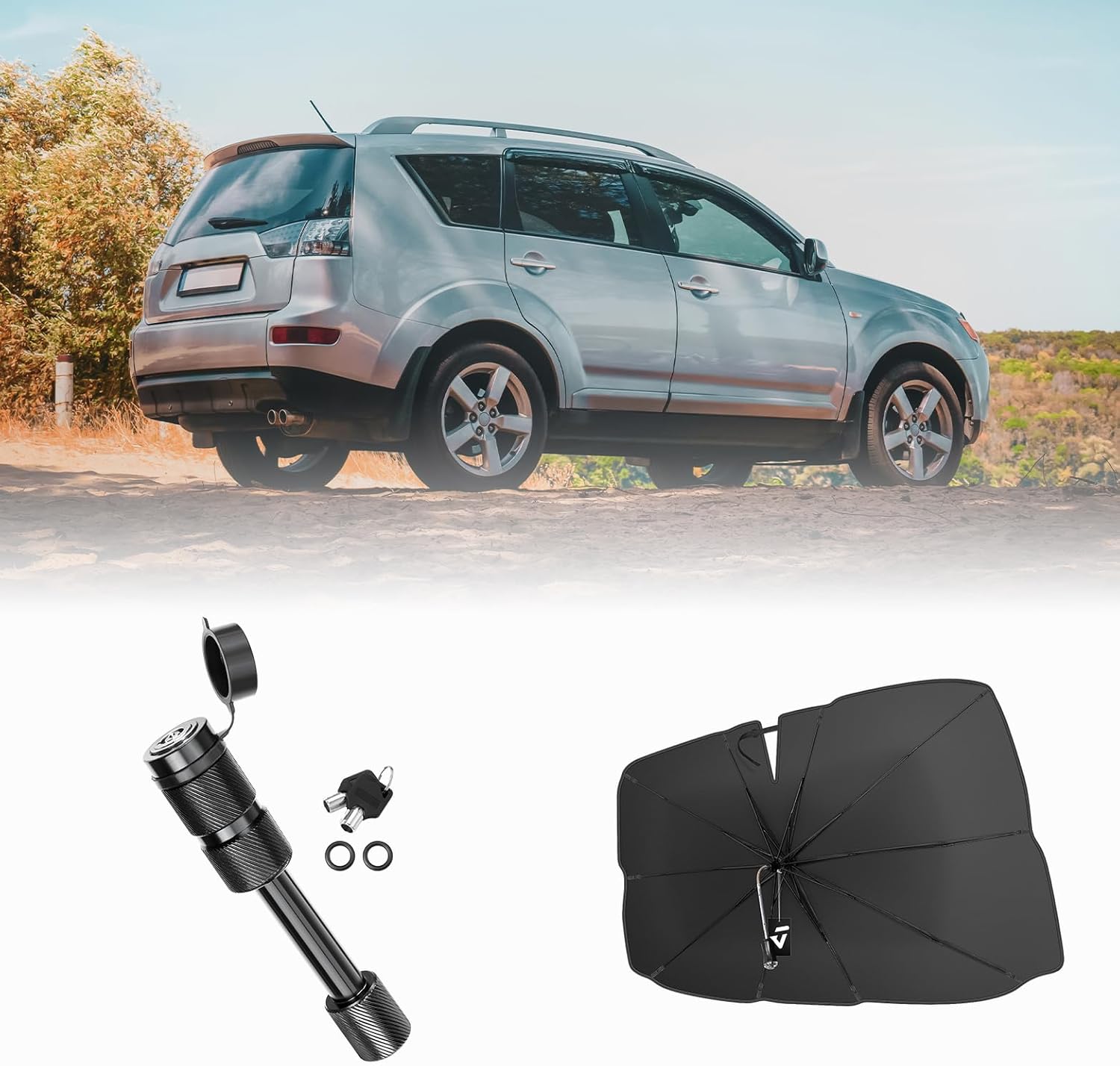 JOYTUTUS Trailer Hitch Lock and Windshield Sun Shade Umbrella with Car Safety Hammer
