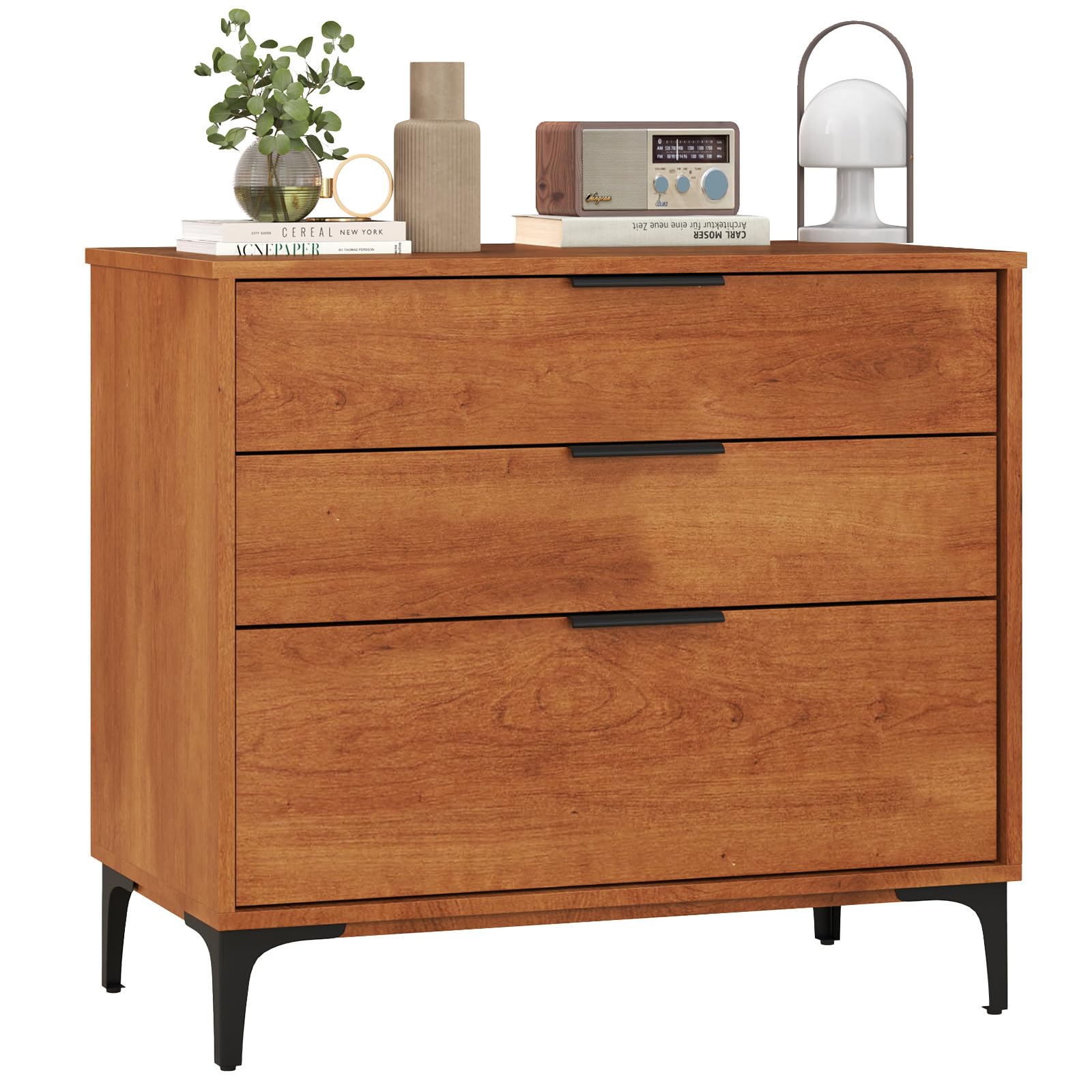 Giantex 3-Drawer Dresser for Bedroom, Multipurpose Chest of Drawers, Mid-Century Modern Storage Cabinet with Anti-Tip Kit, Clothes Organizer, 30”W Nightstand for Closet, Living Room, Entryway, Cherry (great condition one small chip)