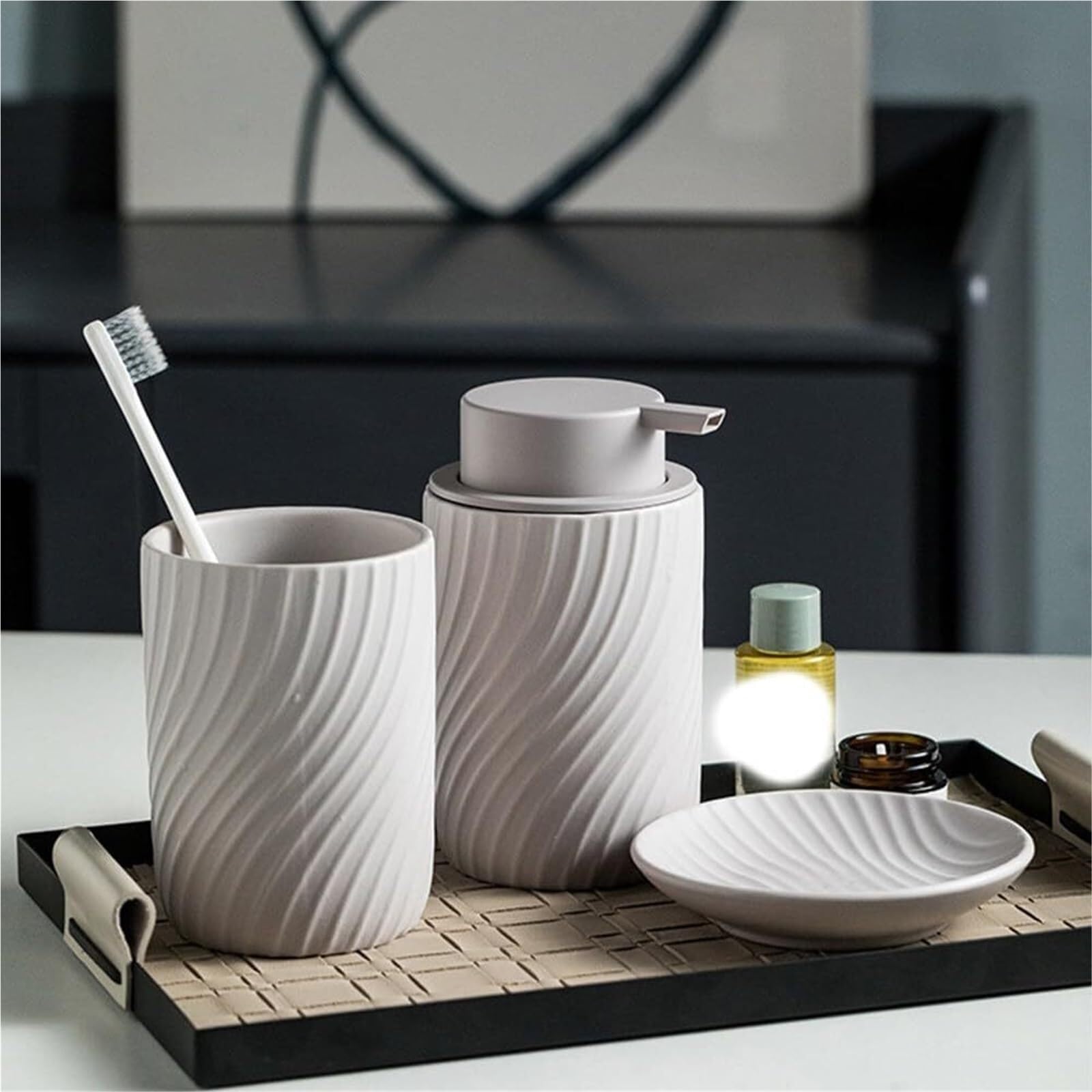 Set di accessori per il bagno Set dispenser for lozione, bicchiere for spazzolino da denti, portasapone, 4 pezzi, ricaricabile, decorazione costiera Arredamento per gli affittuari(Apricot)