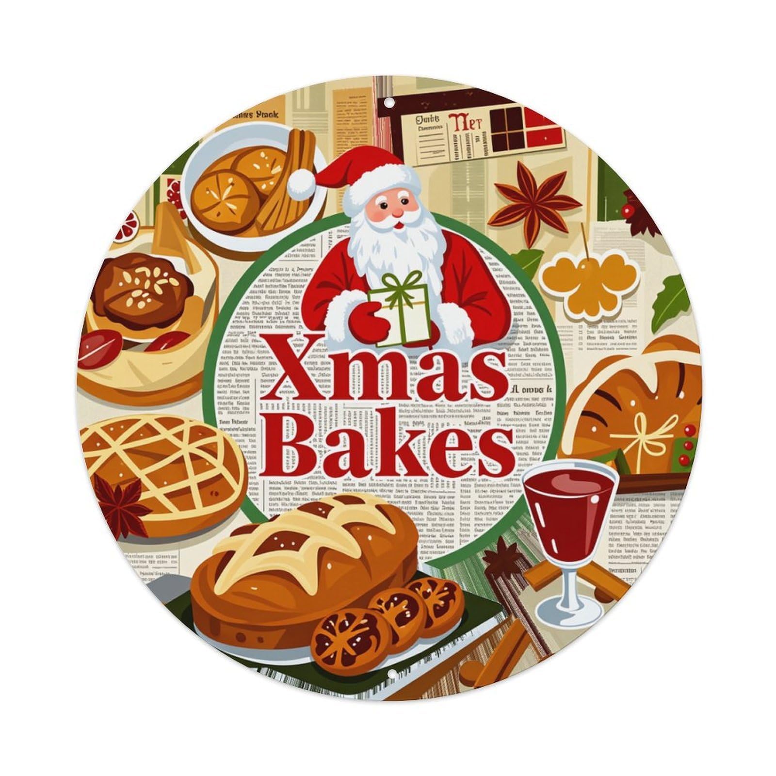 Christmas Bakes Holiday Treats Santa Claus Round Tin Sign Retro Metal Sign for Cafe Bar Pub Home Game Room Gym Club Wall Decoration Vintage Metal Poster 8x8 Inch