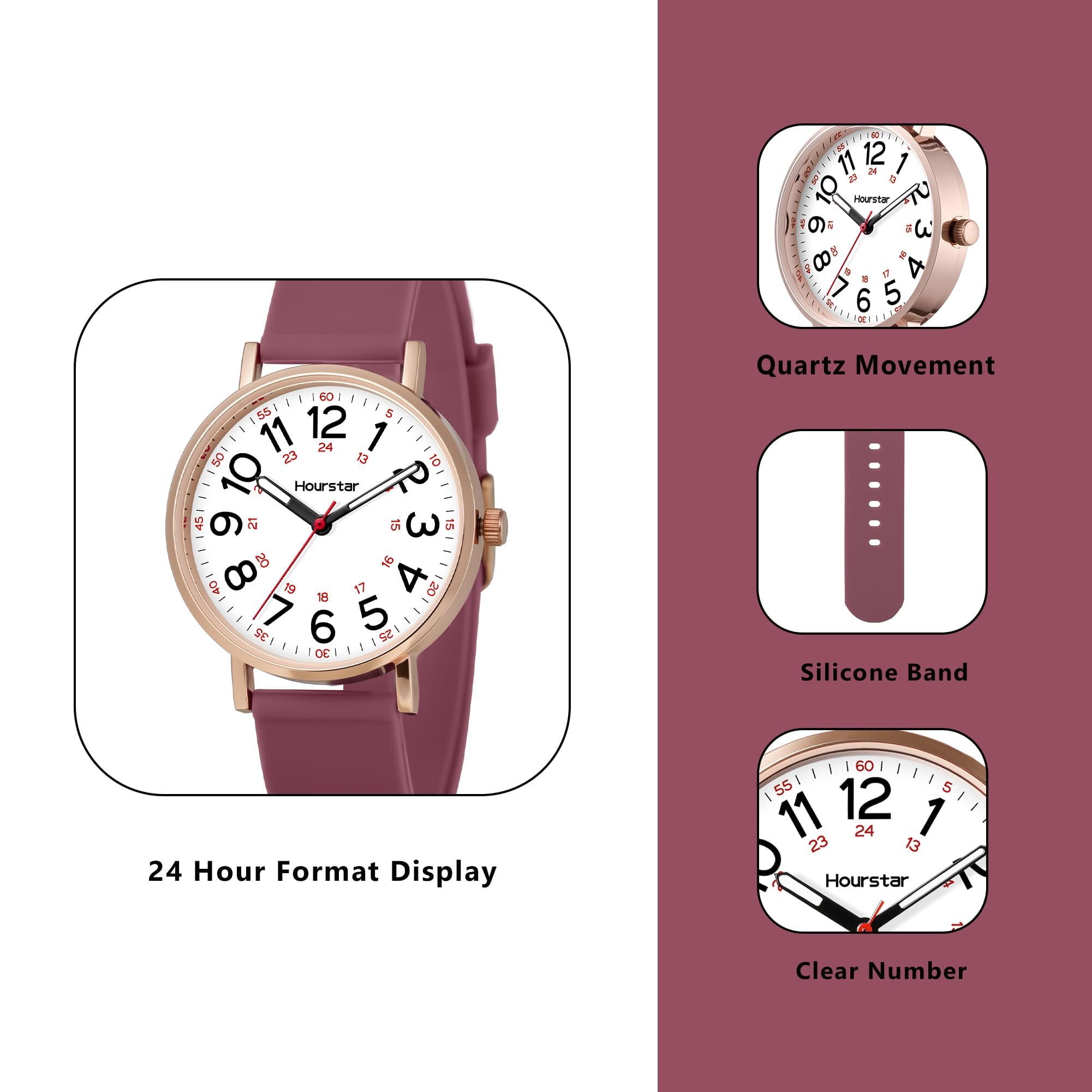Reloj analógico de enfermera para mujer con segunda mano para enfermería, 12/24 veces, correa de silicona, fácil lectura (morado)
