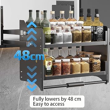 Pull-Down Cabinet Organizer with Double-Layer compartmentalized Storage and Large Capacity Pull-Down Shelf for Upper cabinets Silent Operation Suitable for Kitchens Gray 40cm